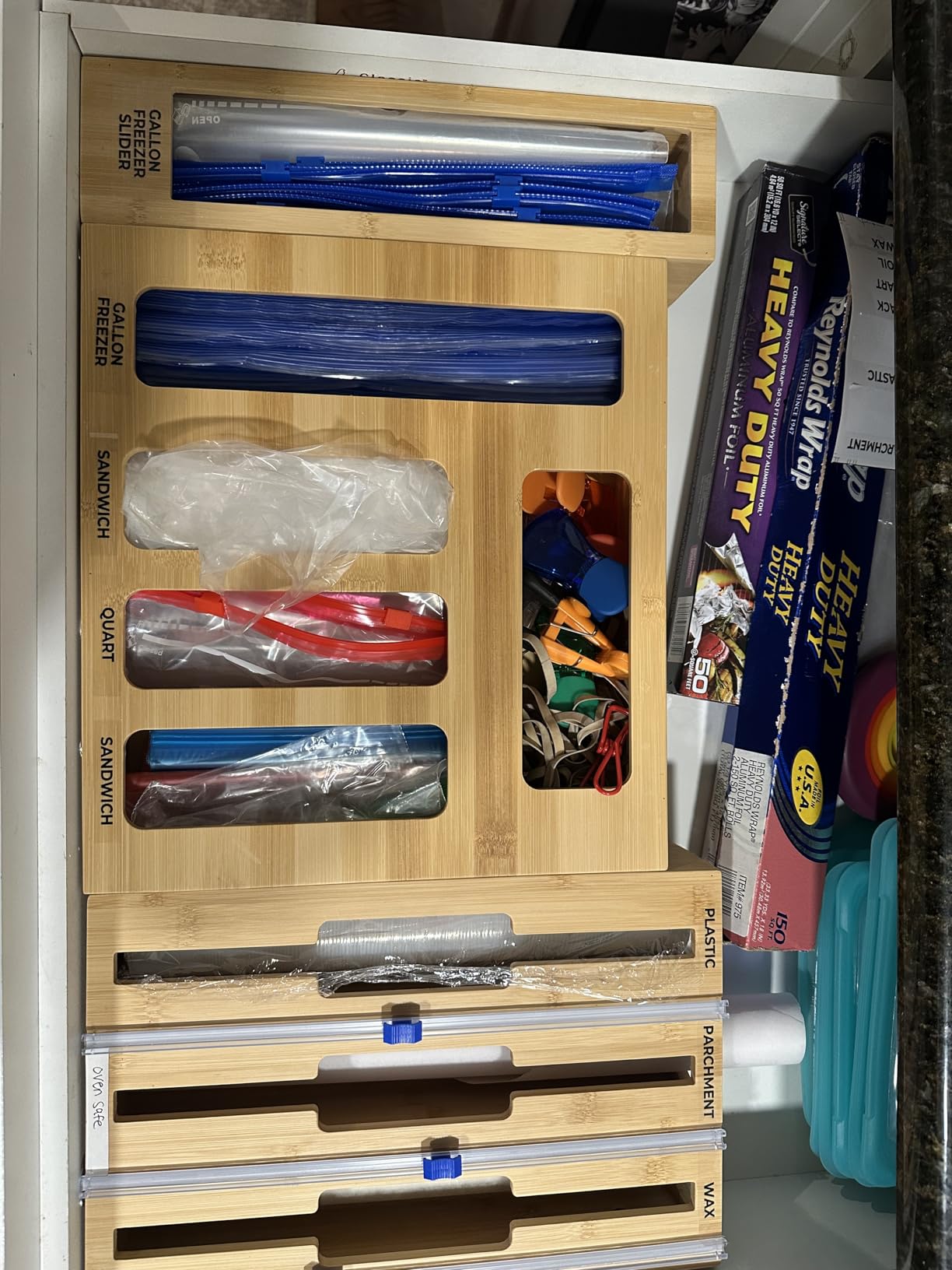 Bamboo Storage Bag Organizer, Sandwich Bag Organizer - Single Block Design for Kitchen Organization, Baggie Organizer for Drawer - Quick Refill Slider, Fits Half Gallon, Quart, Snack Size Bags customer photo 1
