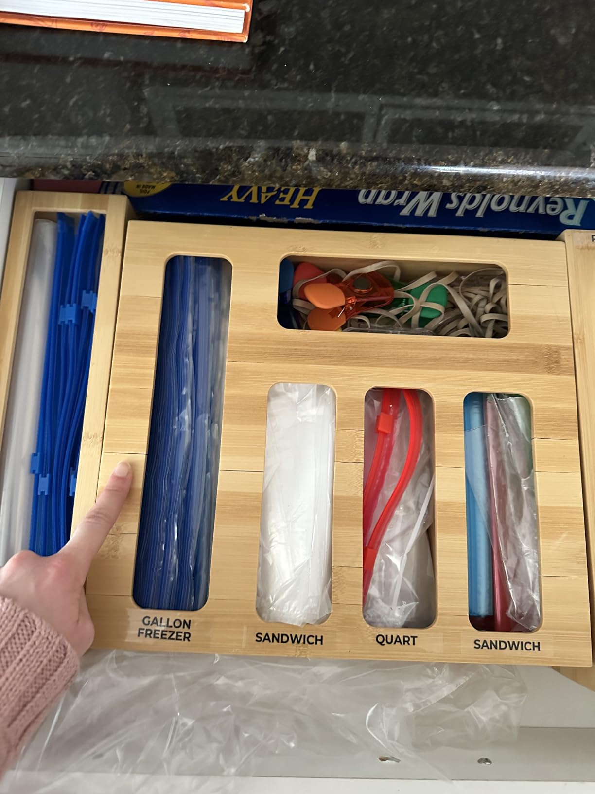 Bamboo Storage Bag Organizer, Sandwich Bag Organizer - Single Block Design for Kitchen Organization, Baggie Organizer for Drawer - Quick Refill Slider, Fits Half Gallon, Quart, Snack Size Bags customer photo 2