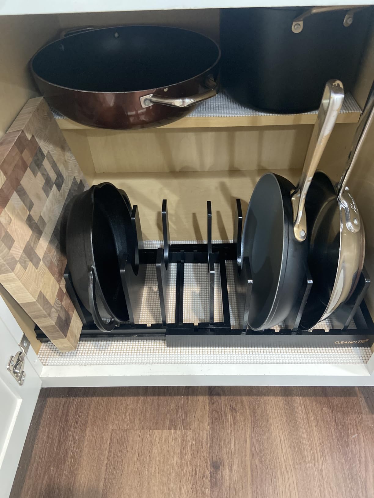 Pots and Pans Organizer under Cabinet, Bamboo Expandable Bakeware and Cutting Board Organizers, Adjustable Pot Lids Holder Rack, Cookie Sheet Baking Pan, Tray Organizer for Kitchen Storage (Natural) customer photo 1