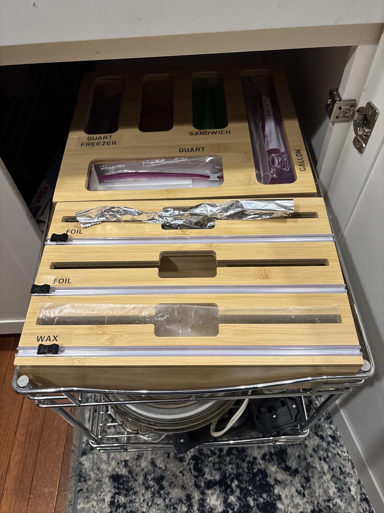 9 IN 1 Bamboo Foil and Plastic Wrap Organizer for Kitchen Drawer, Plastic Bag Organizer Organization and Storage, Food Storage Bag Organizer with Labels for Quart Gallon Snack Sandwich Bag customer photo 1