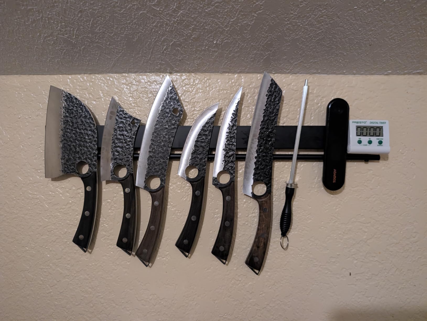 17 inch magnetic knife holder with 10 hooks, No Drilling black knife magnetic strip and utensil hanger for wall, Powerful knife magnet rack include tape and screws customer photo 2