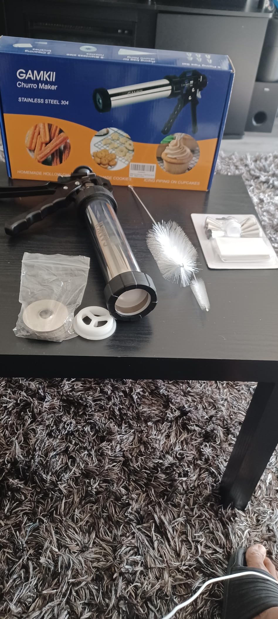 Churro Maker Machine Stailness Steel Churrro Gun Kit with 4 Discs for Hollow Churro,5 Cookies Discs, 6 Icing Piping Nozzle, Piping Bag, 2 Clean Brushes for Cake Dessert DIY Maker Cookie Press customer photo 2