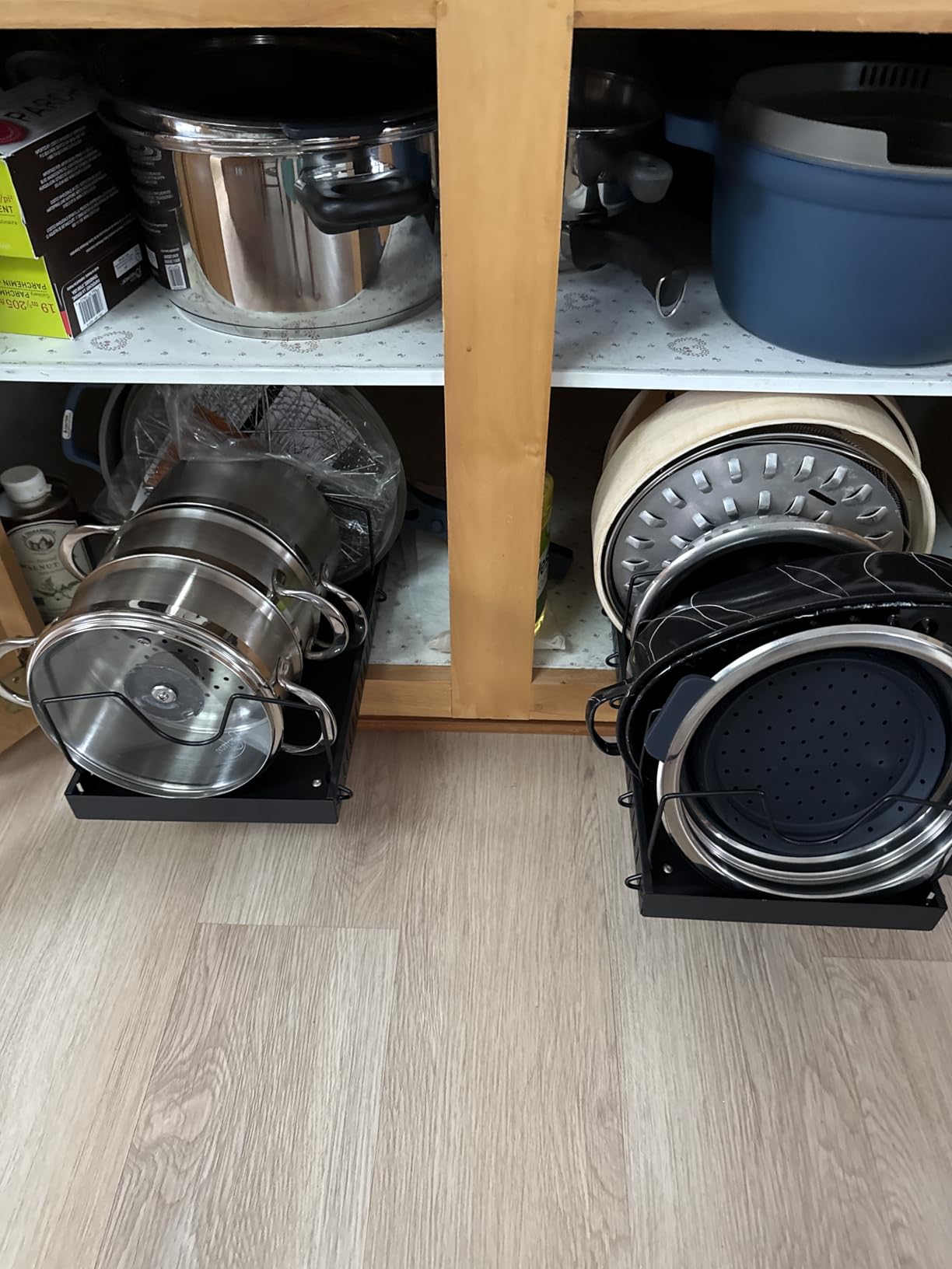 Pull Out Pots and Pans Organizer Under Cabinet, Sliding Lid Holder and Pan Rack in Kitchen, Slide Out Inside Cabinet Storage for Pot Lid, Bakeware, Dishes, 8 Adjustable Dividers, 2 Pack Black customer photo 2