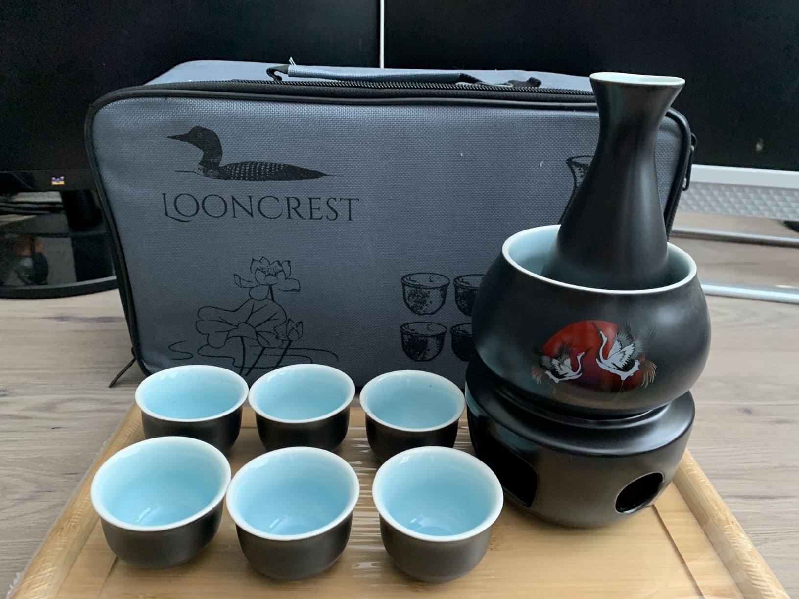 Japanese Sake Cup Set with 6 Ceramic Cups, 1 Ceramic Sake Bottle, 1 Ceramic Sake Warmer, Bamboo Tray, and Cloth Carrying Case - Perfect Hot Sake Set for Authentic Japanese Experience customer photo 1