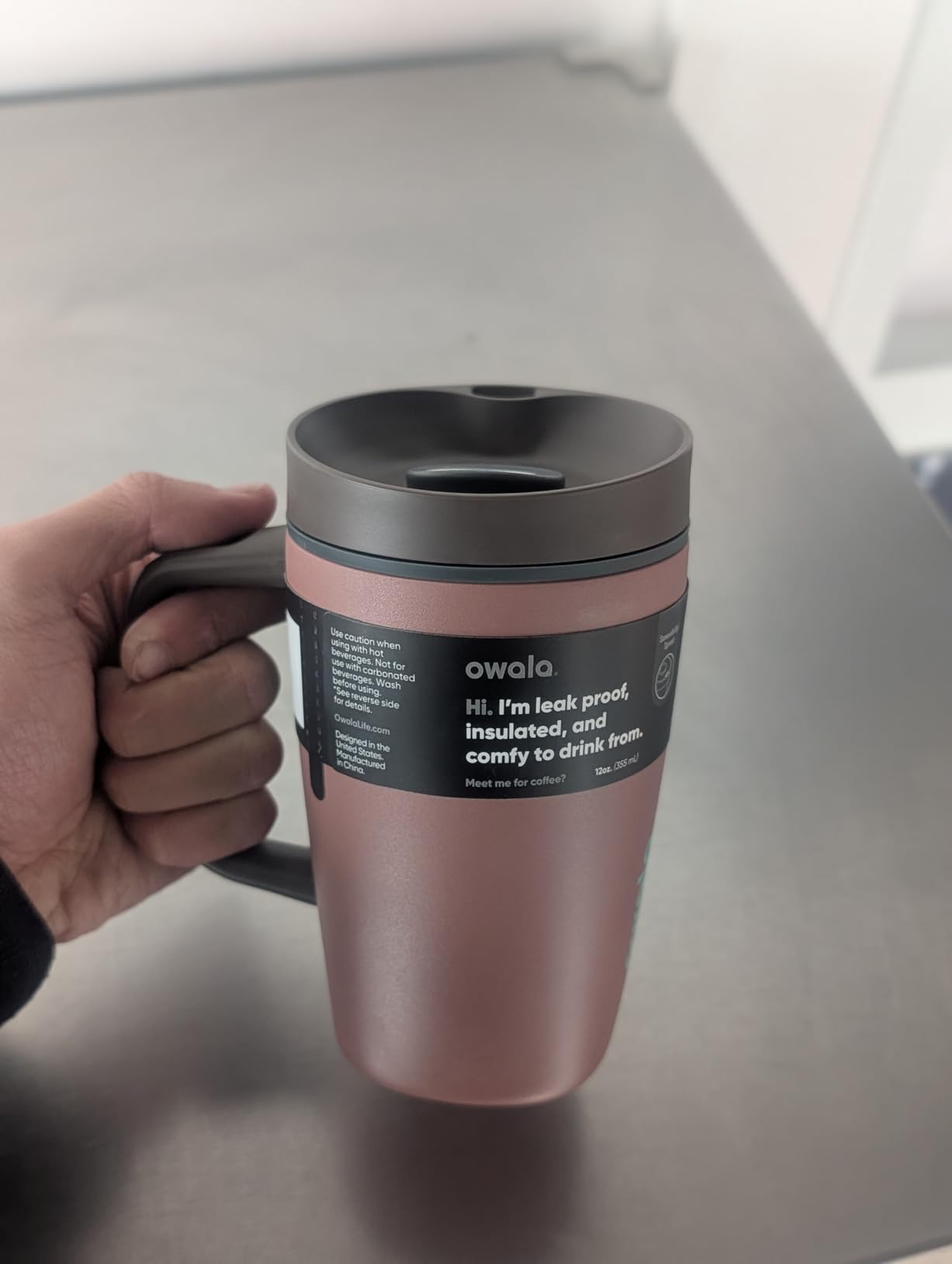 Owala SmoothSip Slider Insulated Stainless Steel Coffee Tumbler, Reusable Iced Coffee Cup, Hot Coffee Travel Mug, BPA Free 20 oz, Grey/Blue (High Dive) customer photo 2