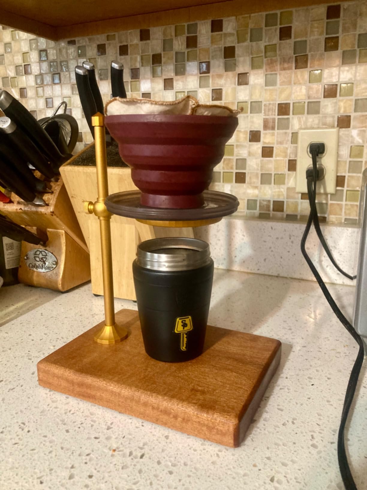 Pour Over Coffee Stand, Height Adjustable Pour over Coffee Maker with Sapele Wooden Base, Paper Filters, Bronze customer photo 1
