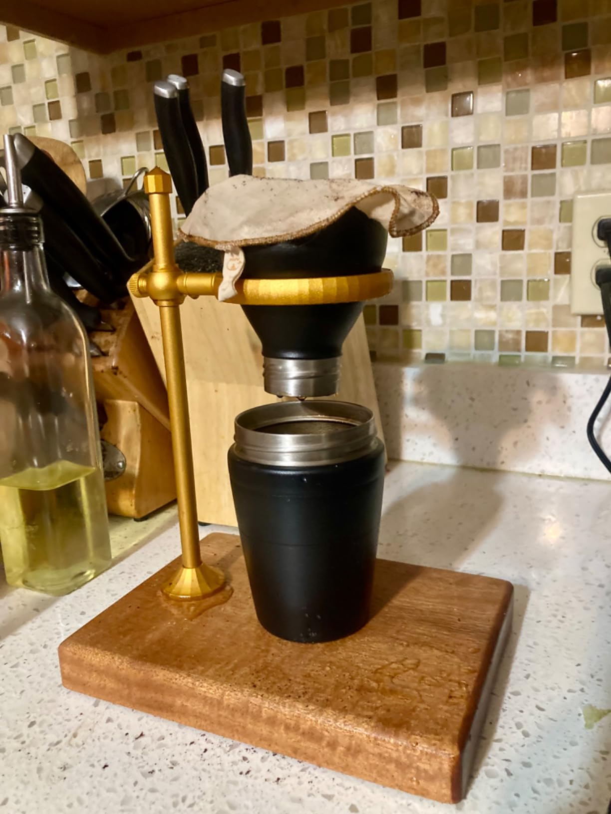 Pour Over Coffee Stand, Height Adjustable Pour over Coffee Maker with Sapele Wooden Base, Paper Filters, Bronze customer photo 2