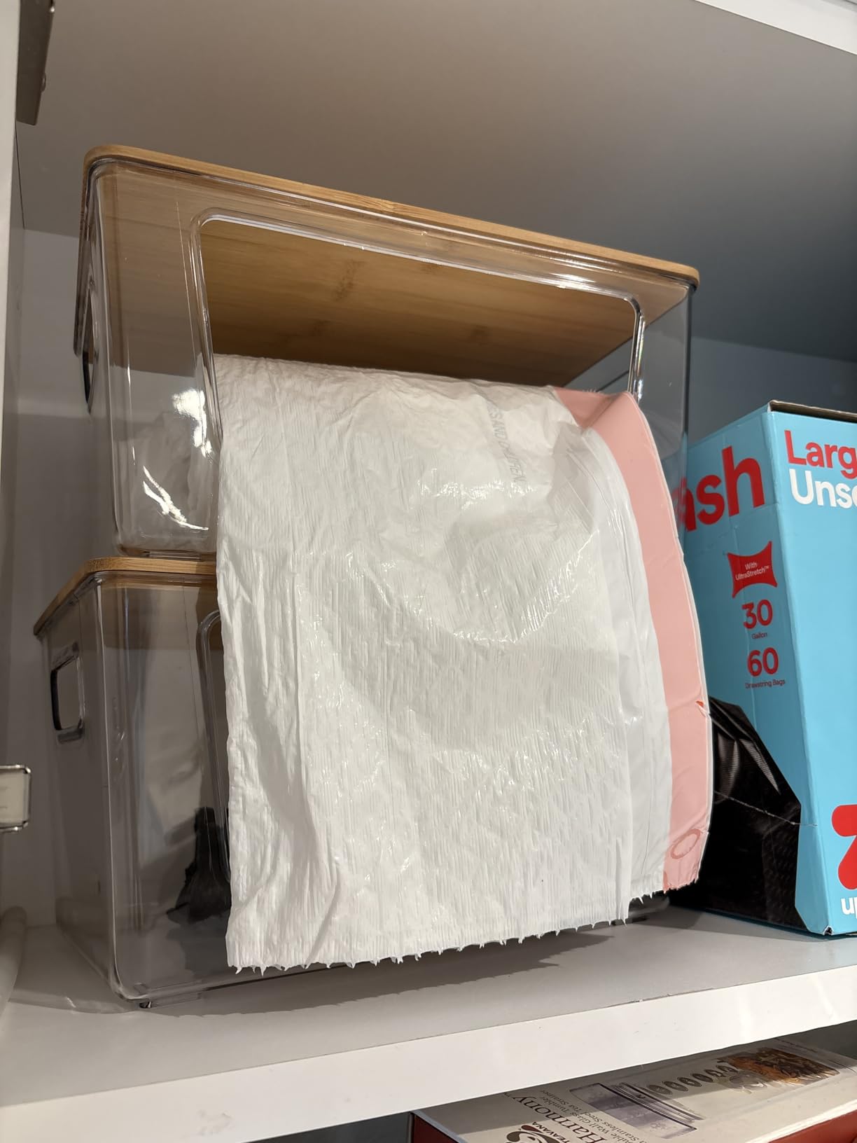 2 Pack Trash Bag Holder with Bamboo Lid, Stackable Trashbag Dispenser, Extra Large Garbage Bag Holder for Kitchen Laundry Room Under Sink Organization customer photo 2