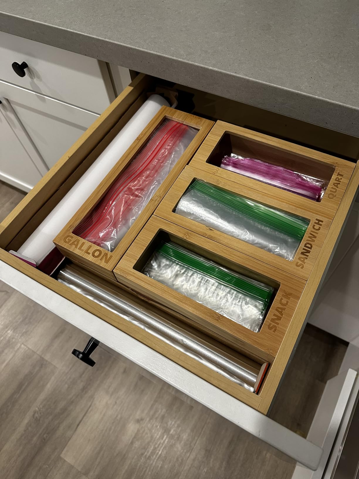 mHomeAid Bag Storage Organizer - Bamboo Food Plastic Baggie Holder, Dispenser, and Container for Kitchen Drawer - Fits Ziplock and Ziploc Gallon, Quart, Sandwich & Snack Sized Slider Bags (Bamboo) customer photo 1