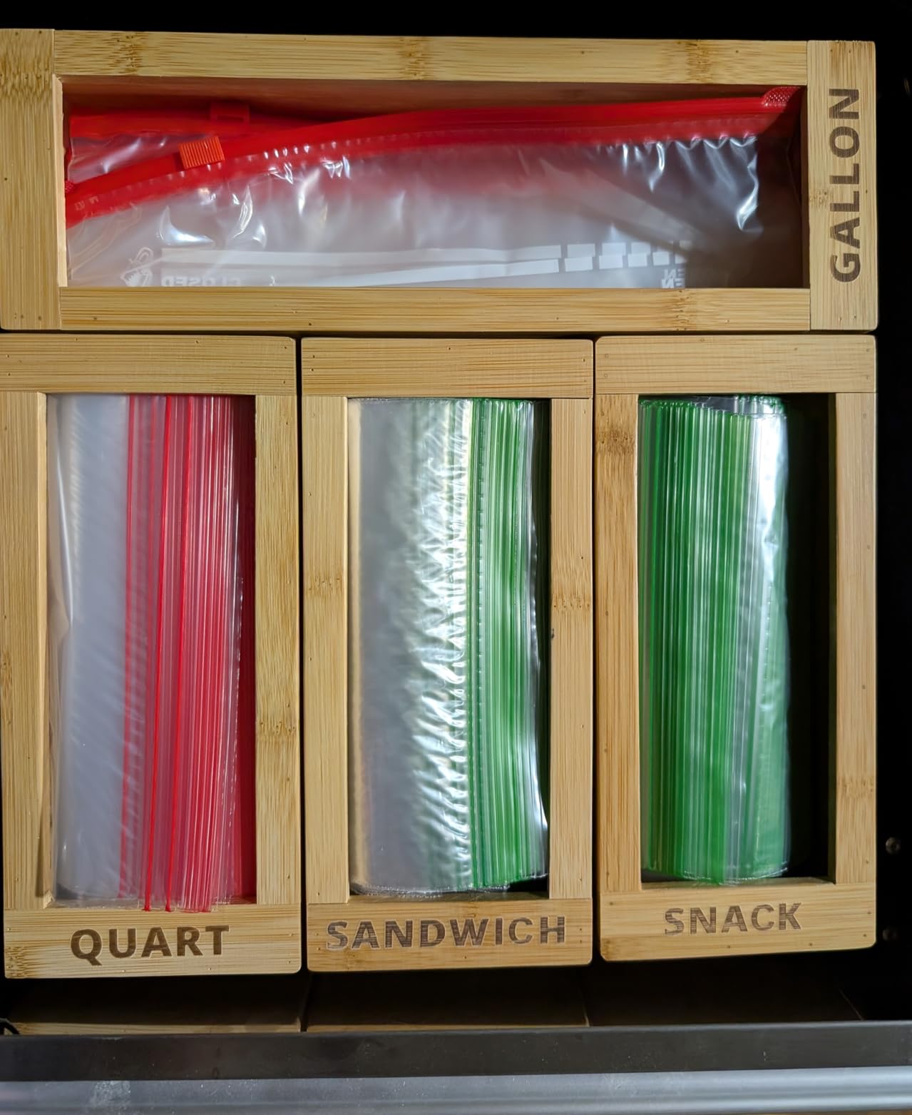 mHomeAid Bag Storage Organizer - Bamboo Food Plastic Baggie Holder, Dispenser, and Container for Kitchen Drawer - Fits Ziplock and Ziploc Gallon, Quart, Sandwich & Snack Sized Slider Bags (Bamboo) customer photo 2