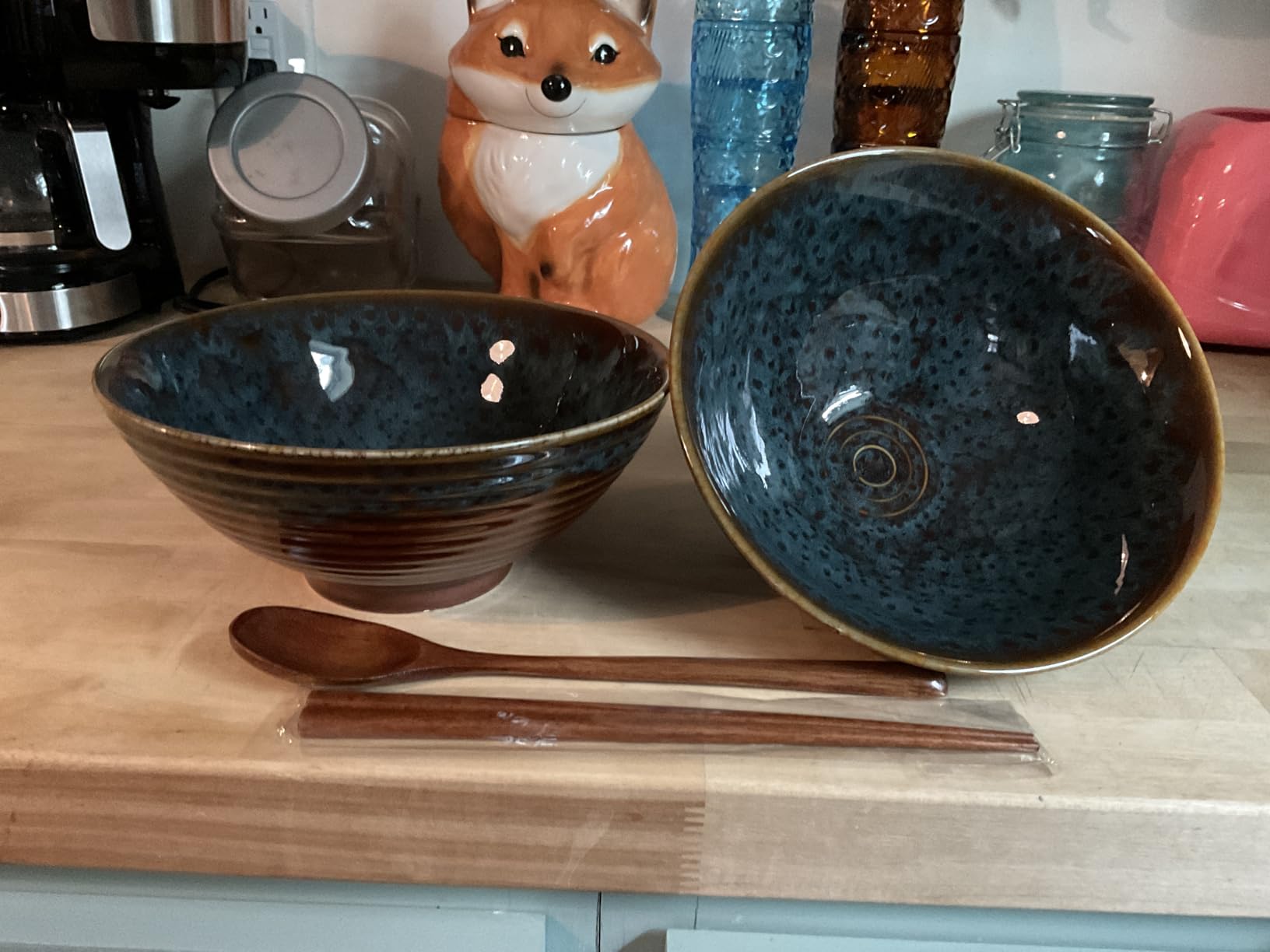 Ceramic Japanese Ramen Bowl Set, 2 Sets Asian Pho Udon Soup Noodle Bowls with Spoons and Chopsticks (Peacock Green, 8 inches) customer photo 1
