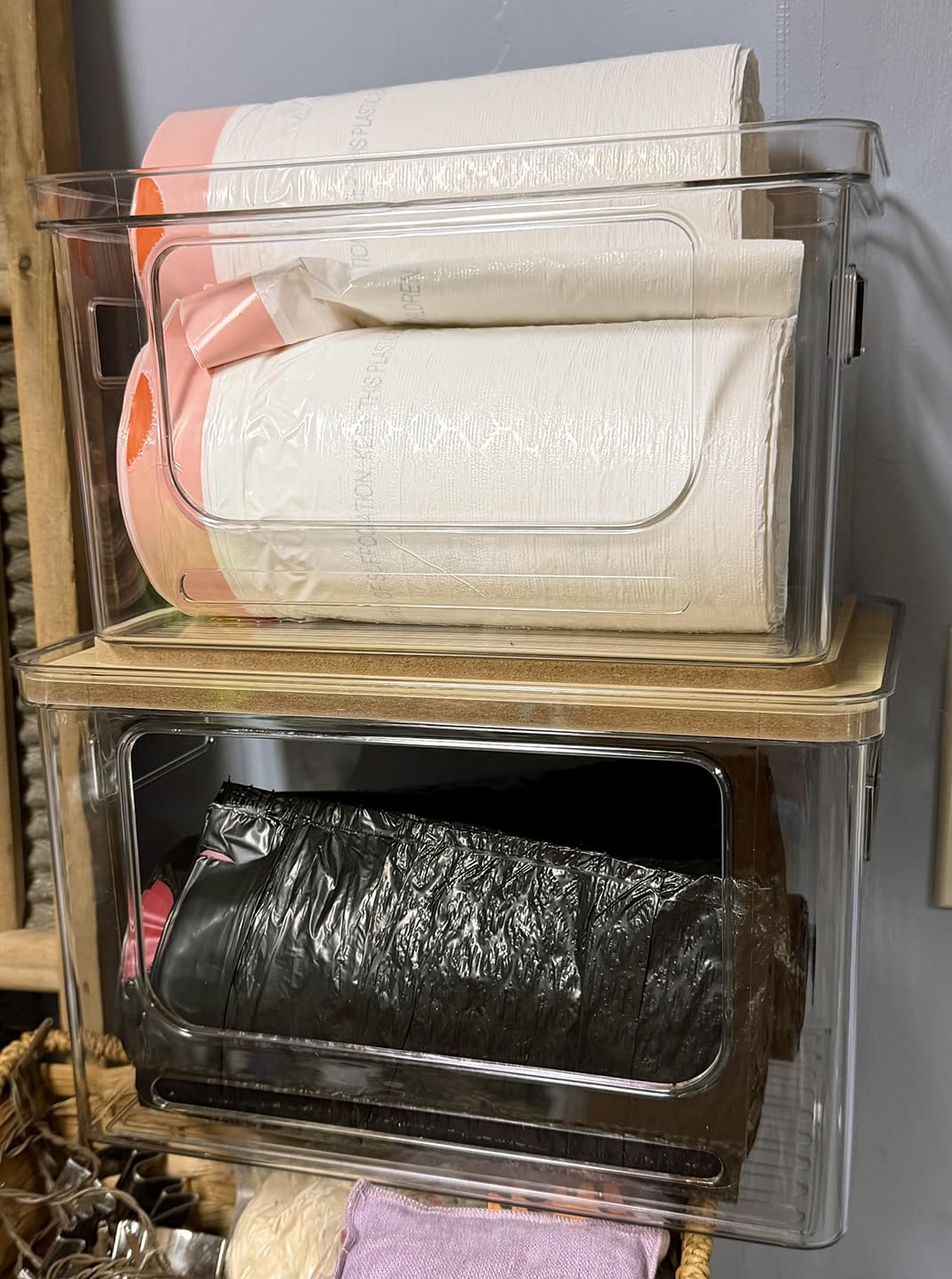 Stackable Trash Bag Dispenser with Wooden Top for Holding 13/30/33-Gallon Large Bag Sizes - Extra-Large Garbage Bag Holder with Anti-Slip Base customer photo 1