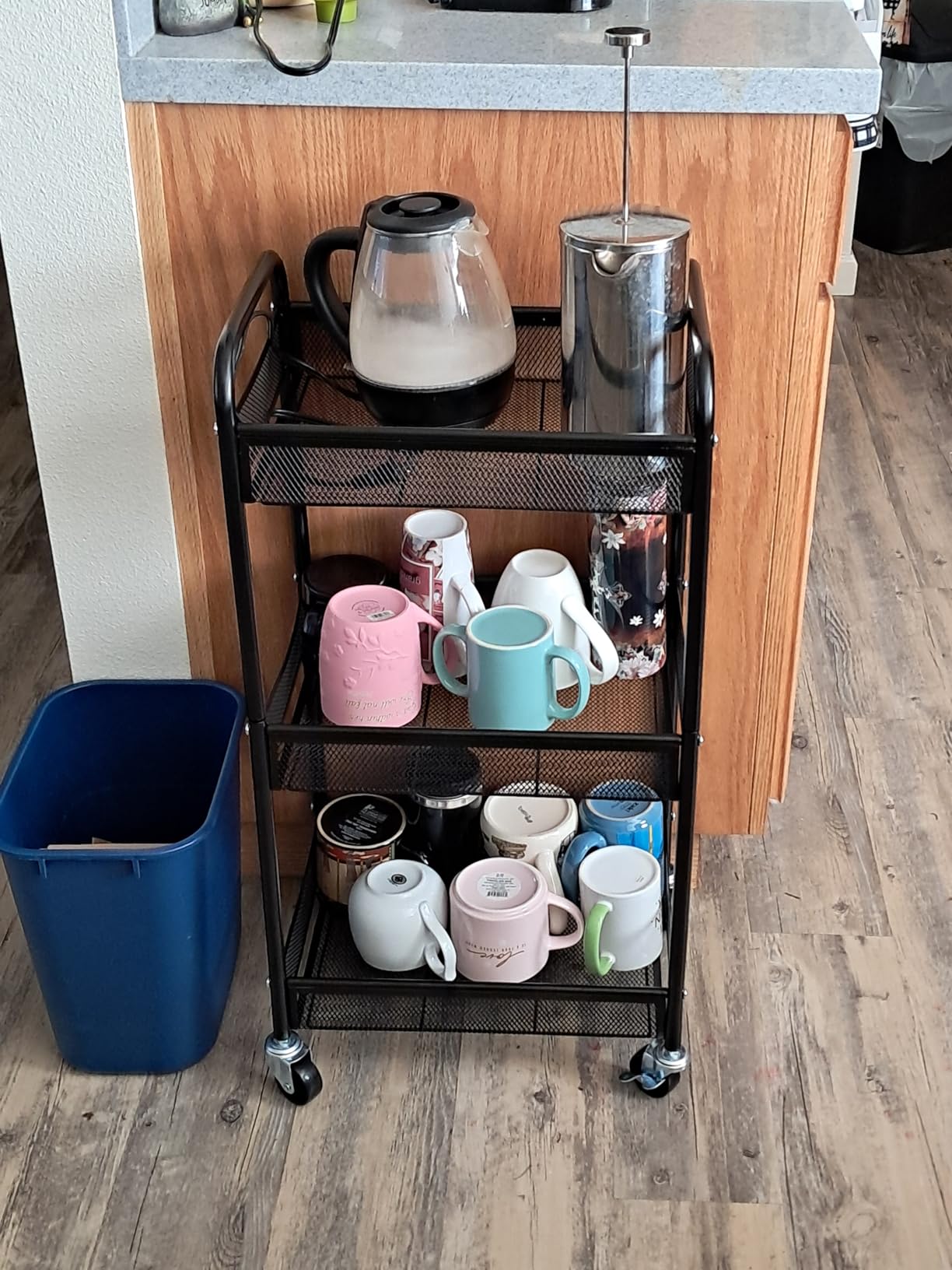 YASONIC 3 Tier Rolling Cart - Metal Utility Storage Carts with Wheels, Craft Cart Organizer with Hanging Cups, Hooks, Mesh Basket for Bedside Kitchen Office Art, Black customer photo 2