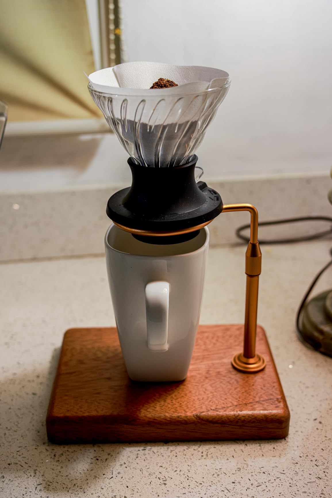 Pour Over Coffee Maker with Adjustable Stand & Wooden Base, Dripper Stand for Manual Coffee Brewing, Coffee Filter Holder, Tea Strainer Stand for Home, Café, Restaurant, Camping, Golden customer photo 1