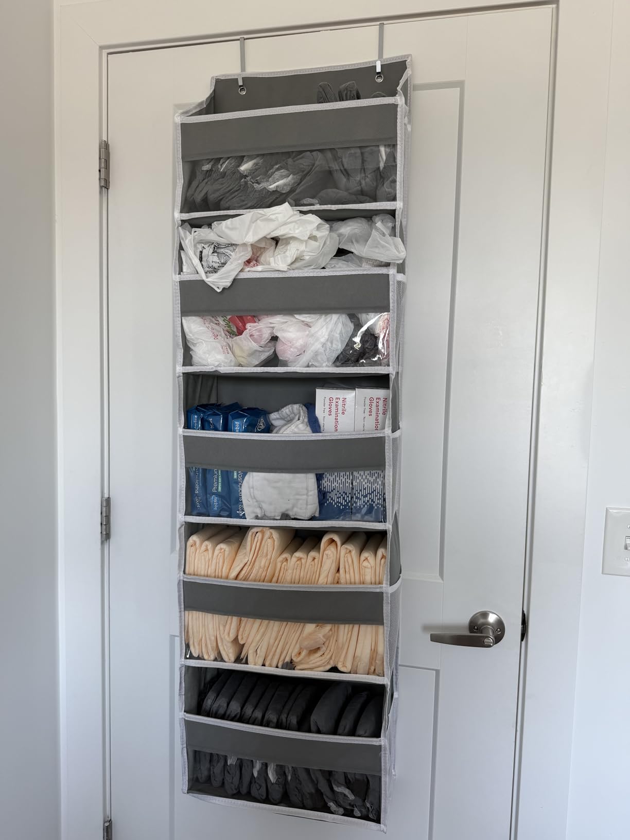 SpaceAid 1 Pack Over The Door Organizer with 5 Large Pockets and 10 Mesh Side Pockets, 5 Layers Door Organizer Hanging with Clear Window for Bedroom, Bathroom, Pantry and Nursery, Gray customer photo 1
