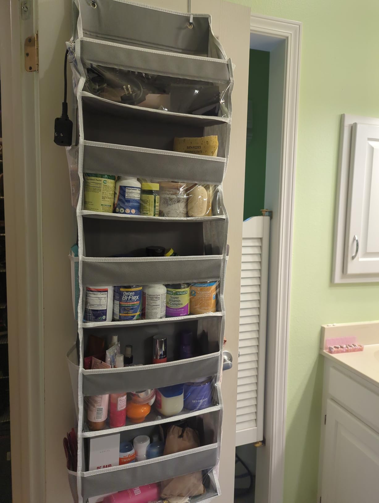 SpaceAid 1 Pack Over The Door Organizer with 5 Large Pockets and 10 Mesh Side Pockets, 5 Layers Door Organizer Hanging with Clear Window for Bedroom, Bathroom, Pantry and Nursery, Gray customer photo 2