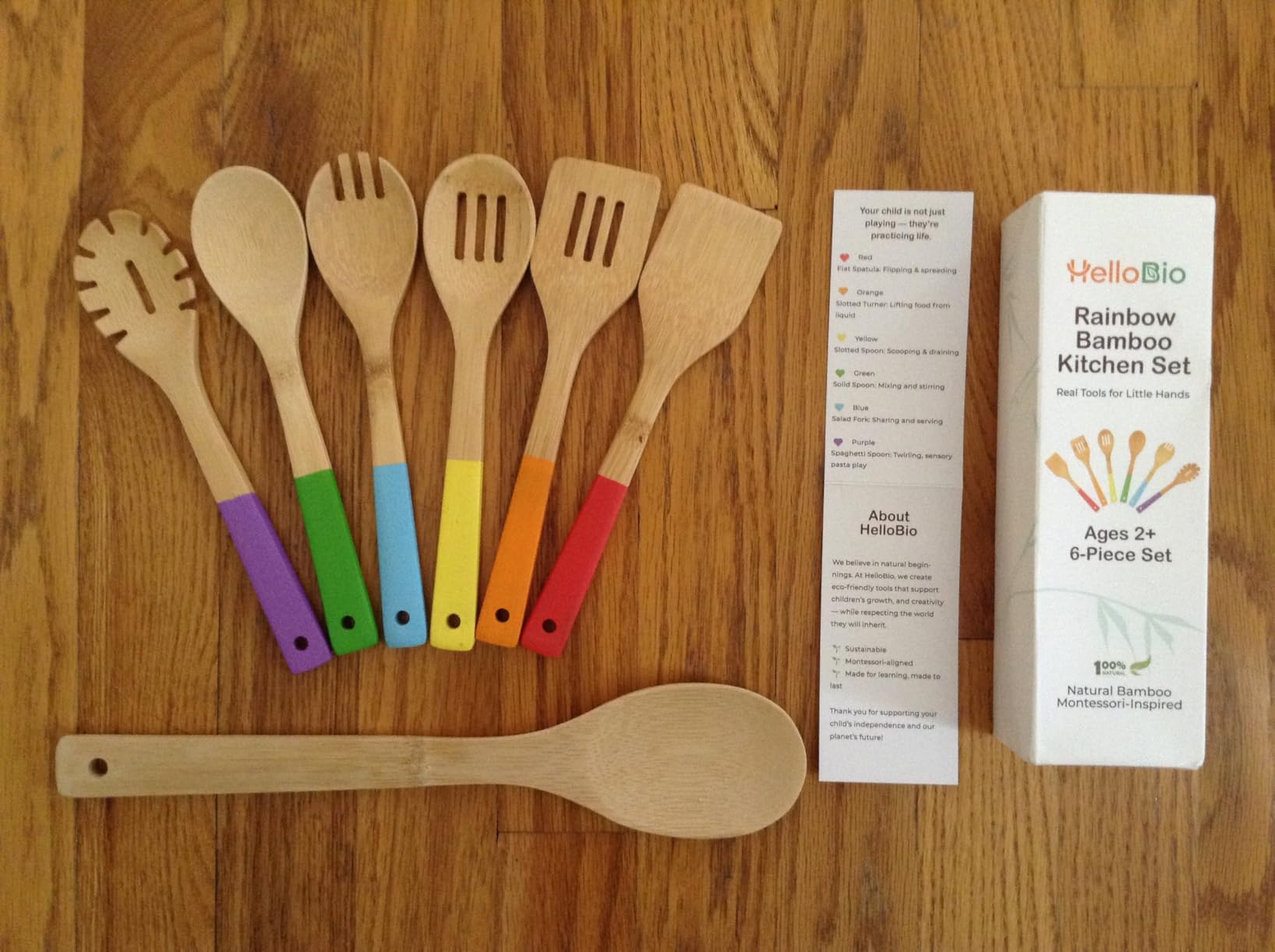 Rainbow Bamboo Kitchen Utensil Set for Kids - Montessori-Inspired 6-Piece Real Cooking Tools | Ages 2+ | Natural Bamboo | Color-Coded | Thoughtful Gift for Toddlers & Preschoolers customer photo 1