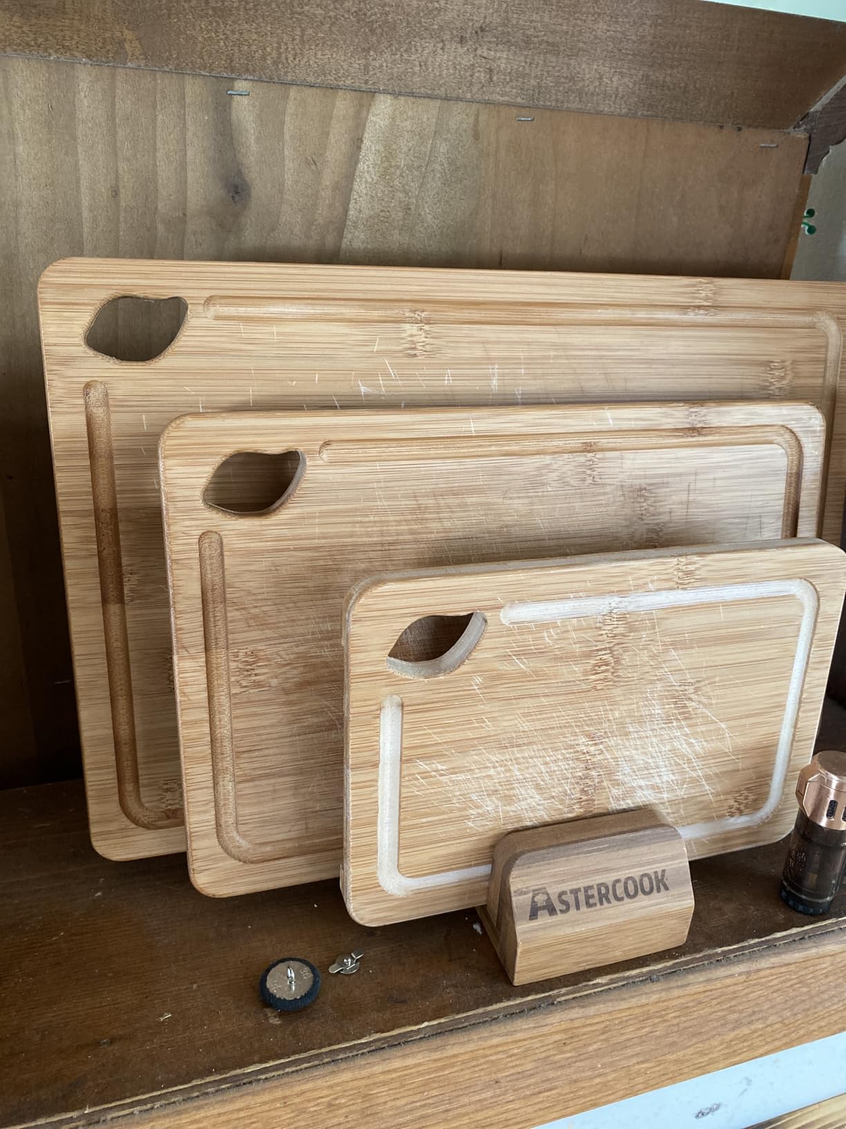 Astercook Deep-Carbonized Bamboo Cutting Boards for Kitchen with Wood Storage Stand, Reversible Charcuterie & Chopping Boards with Juice Grooves and Easy-Grip Handles, Mothers Day Gifts customer photo 1