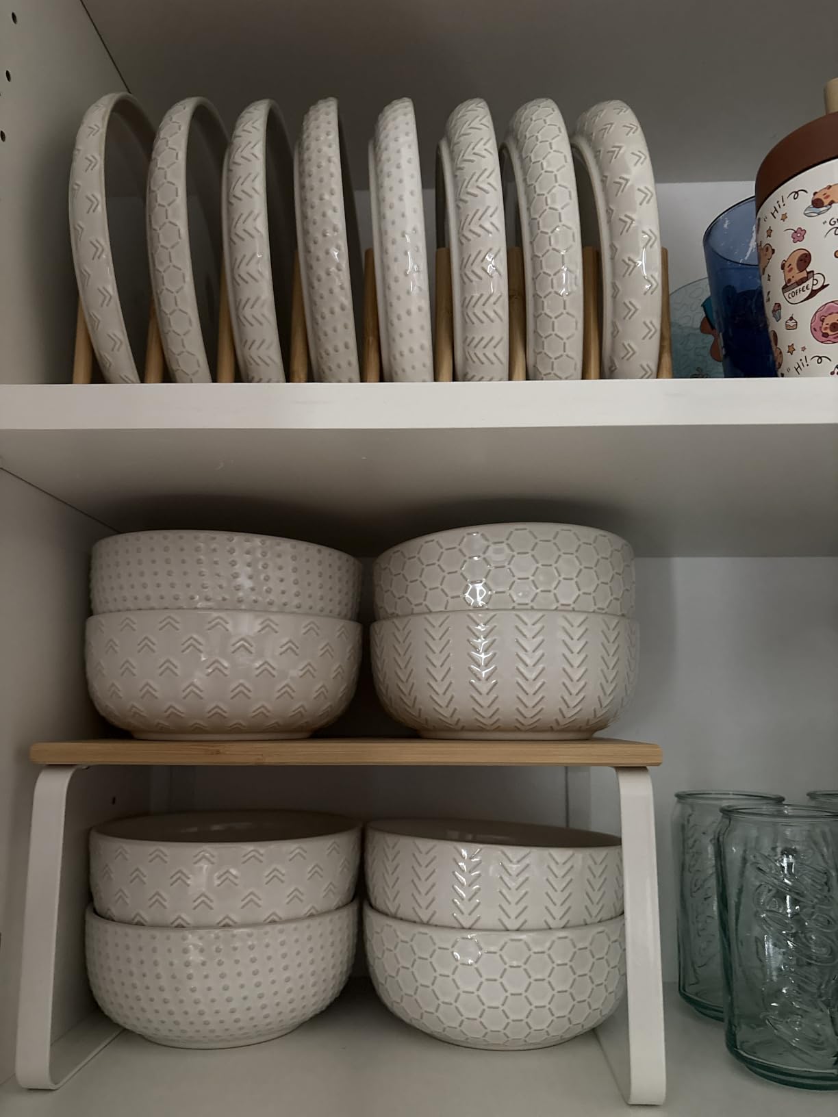 24 Piece Dinnerware Sets for 8 - Farmhouse Style Stoneware Plates and Bowls Sets - Scratch Resistant & Dishwasher Safe, Embossed Boho Ceramic Dish Set, Stack Compactly Dishware - Vintage White customer photo 1
