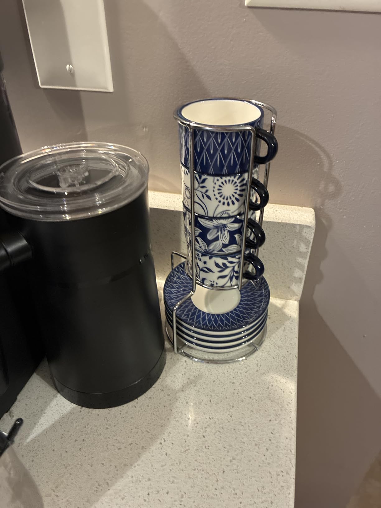 vancasso 2.5OZ Espresso Cups Set of 4, Porcelain Stackable Cappuccino Cups, Demitasse Coffee Cups and Saucers Set with Metal Stand for Specialty Drinks, Series SELENE (Vintage Blue, 2.5 Ounce) customer photo 2