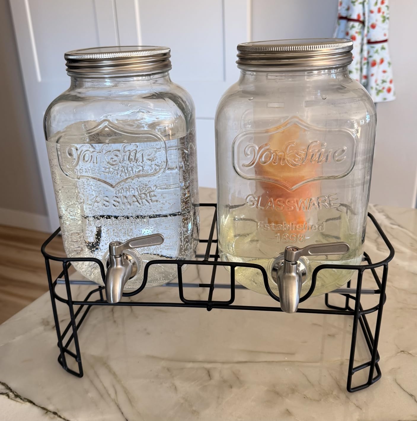 KIKCOIN 1 Gallon Glass Drink Dispensers for Parties, 2 Pack Leakproof Beverage Dispenser with Stand & 18/10 Stainless Steel Spigot & Filter -for Lemonade, Juice, Sun Tea, Punch- ALL DISHWASHER SAFE customer photo 1