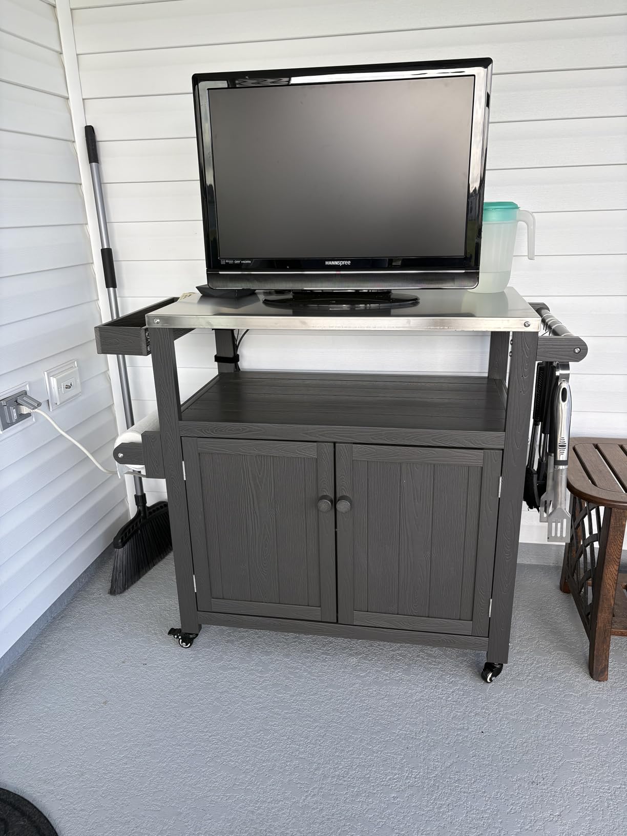 Weatherproof HIPS Outdoor Kitchen Island with Stainless Steel Top & Storage Cabinet, Movable Prep Table with Wheels for BBQ Food Prep, Outdoor Grill Cart for Parties, Grey customer photo 1