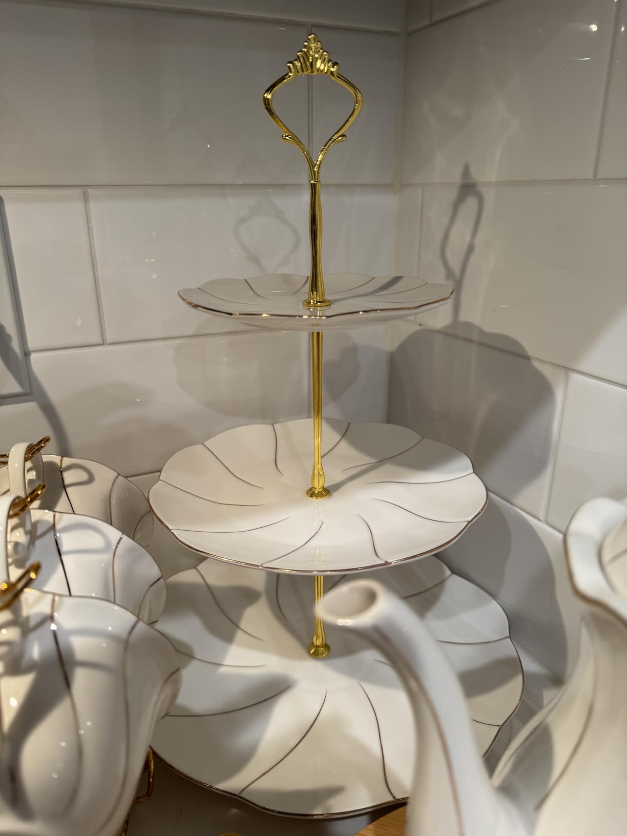 DUJUST Luxury Larger 3-Tier Cupcake Stand Tower, British Style Porcelain Serving Tray with Golden Trim, Food Grade Dessert Display Stand for Tea Party & Home Decor - 45% Black Larger Plates customer photo 1