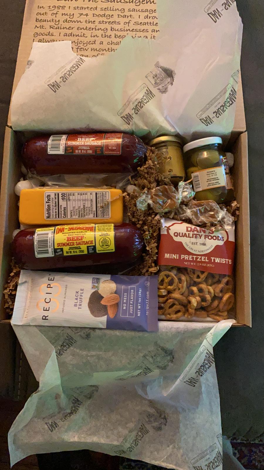 Dan the Sausageman Sounder Gourmet Gift Basket - Smoked Summer Sausage, Wisconsin Cheese, SeaBear Salmon, Sweet Hot Mustard in Wood Pine Crate customer photo 1