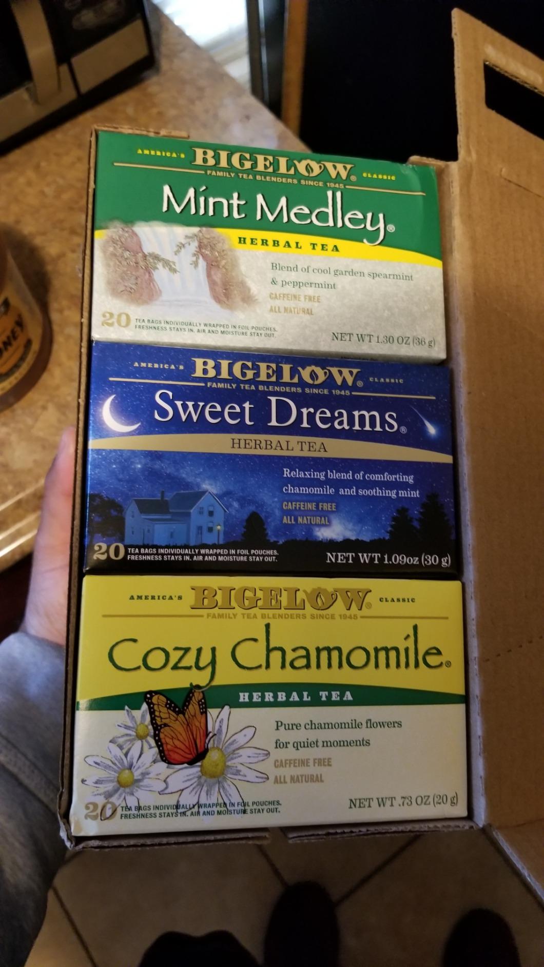 Bigelow Tea Caffeine Free 6 Flavor Herbal Tea Variety Pack, Decaf Tea with Mint Medley, Cozy Chamomile, Orange and Spice, Sweet Dreams, Perfect Peach, and Lemon Ginger, (Pack of 6), 118 Total Tea Bags customer photo 2