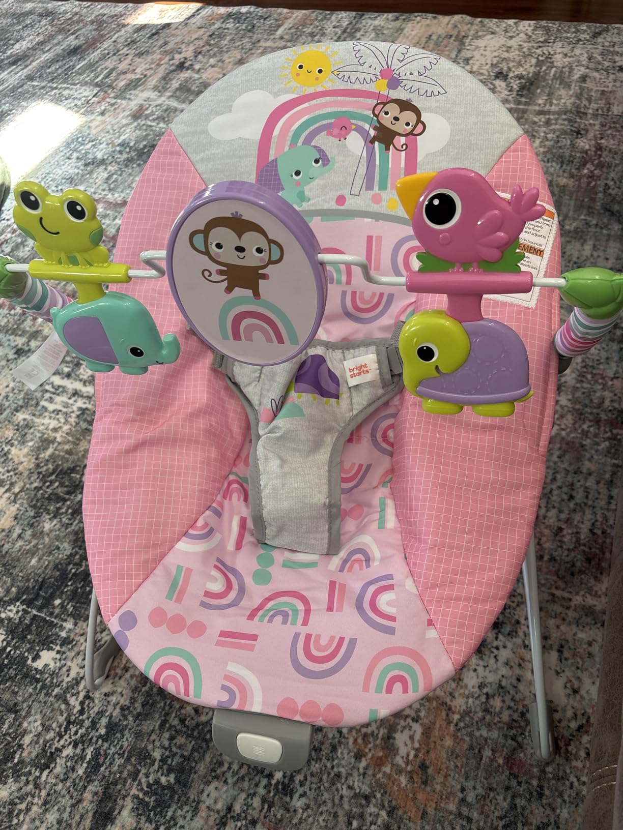 Bright Starts Portable Baby Bouncer Soothing Vibrations Infant Seat with Removable-Toy-Bar, 0-6 Months 6-20 lbs (Playful Pinwheels) customer photo 1