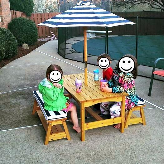 KidKraft Outdoor Wooden Table & Bench Set with Cushions and Umbrella, Kids Backyard Furniture, Espresso with Oatmeal and White Stripe Fabric customer photo 2
