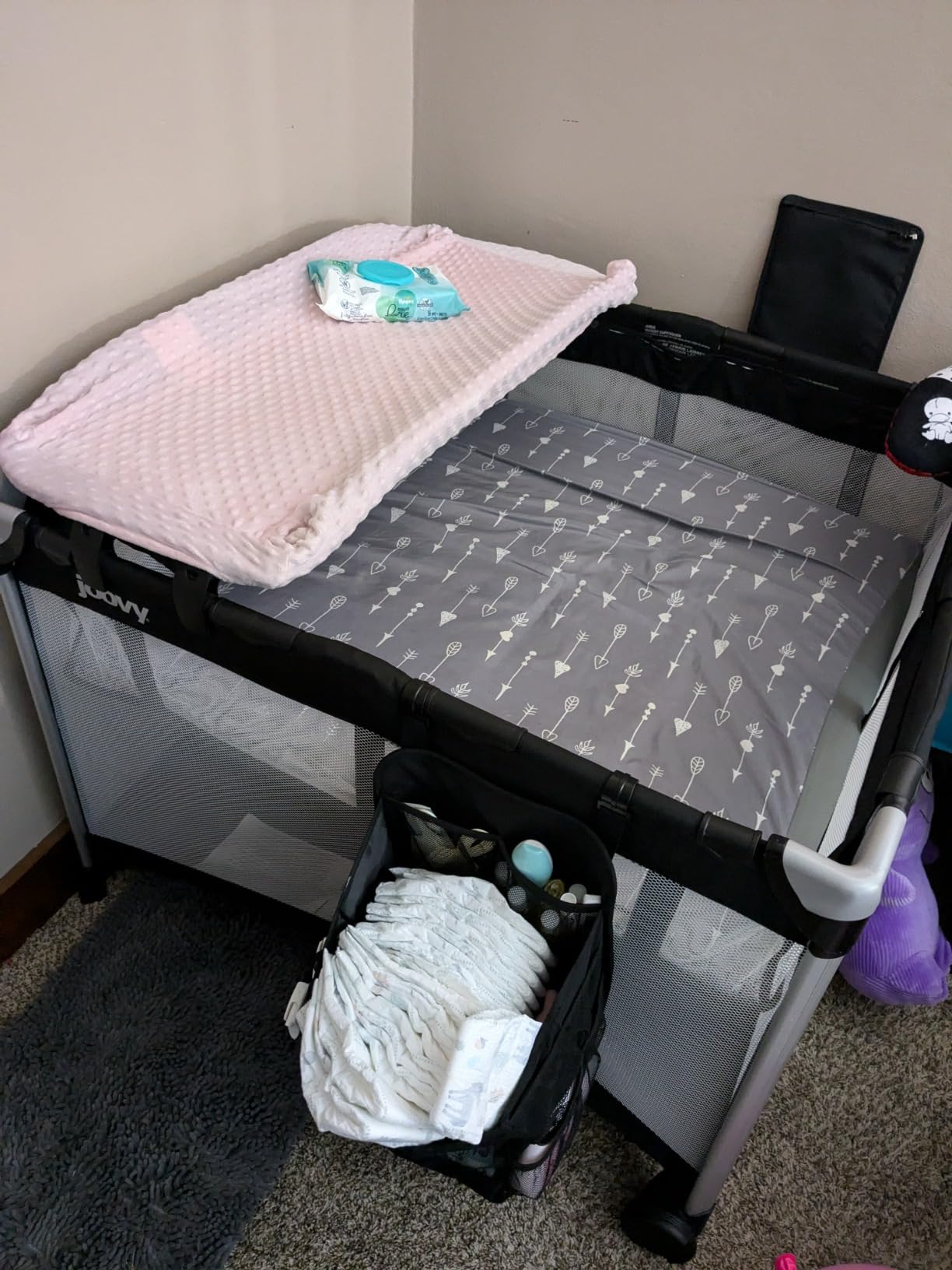 Joovy Room2 Large Portable Playpen for Babies and Toddlers with Nearly 10 sq ft of Space, Large Mesh Windows for 360 View, and Waterproof Mattress Sheet - Folds Easily when Not in Use (Black) customer photo 2