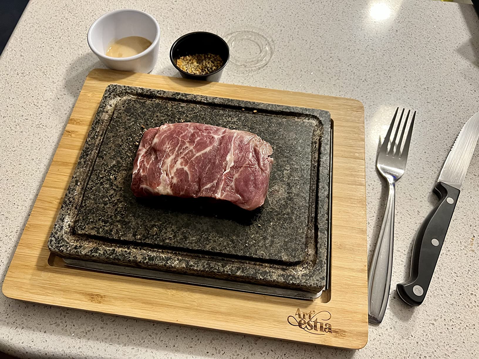 Artestia Steak Stone Grill Set with 2 Granite Stones & 1 Bamboo Tray - Restaurant-Style Hot Stone Cooking Set for Sizzling Steak, BBQ, Hibachi, Indoor Tabletop Grilling customer photo 1