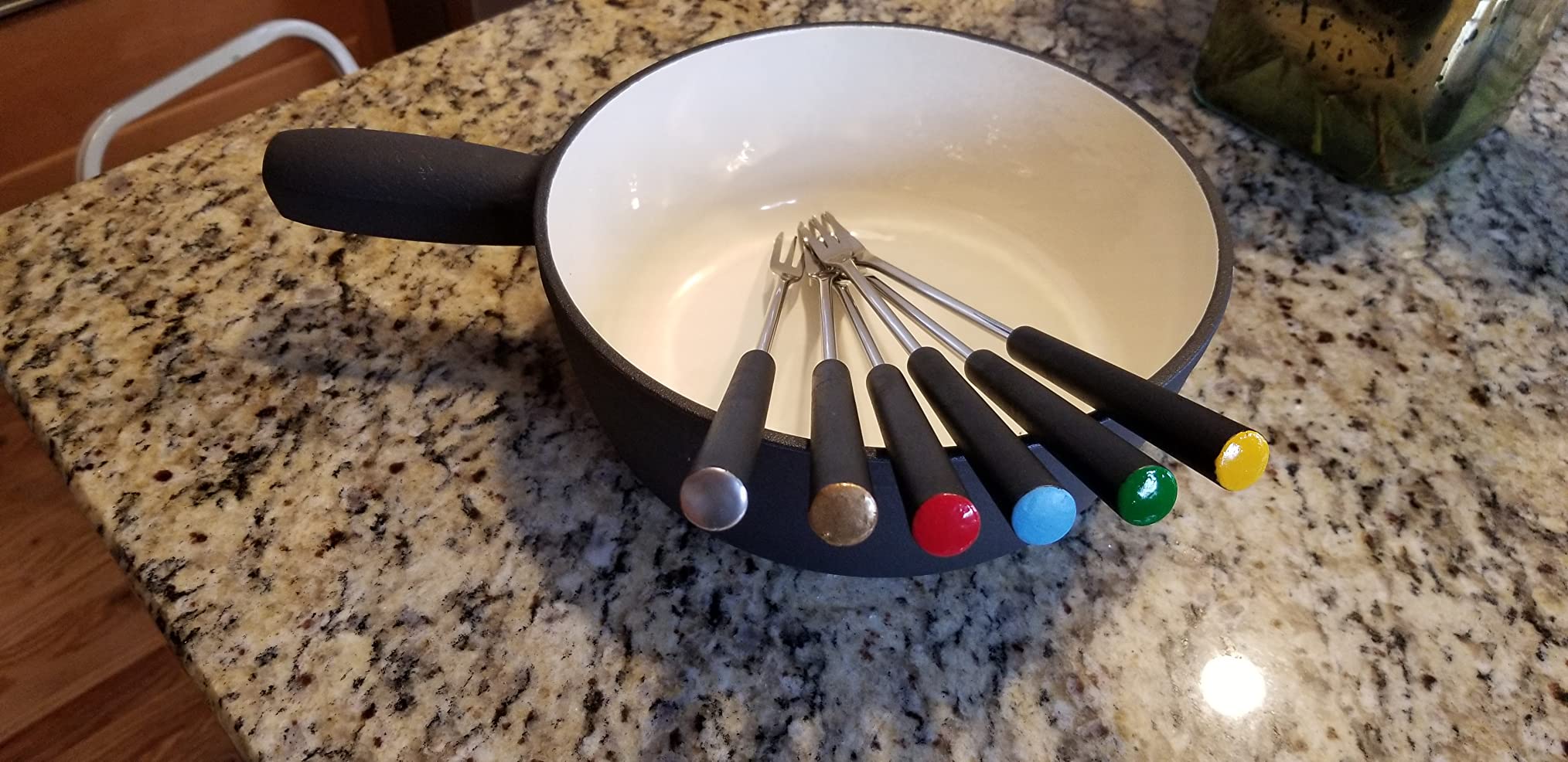 Artestia Cast Iron Fondue Pot Set for Cheese & Chocolate, Fondue Set for 6 with Burner & 6 Forks, Swiss Fondue Pot for Party, Family & Gift, Blue customer photo 1