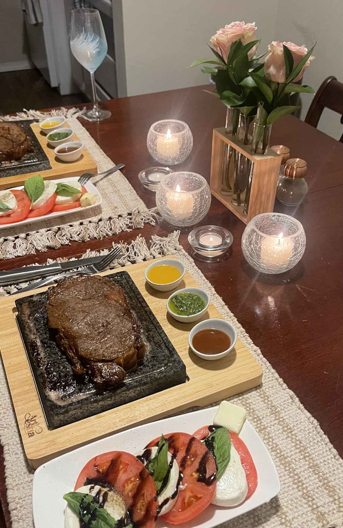 Artestia Hot Steak Stone Cooking Set - 2 Natural Granite Steak Stones +1 Bamboo Serving Tray & 3 Sauce Bowls - Indoor/Outdoor Restaurant-Style Cooking for Steak, Seafood & Veggies customer photo 1