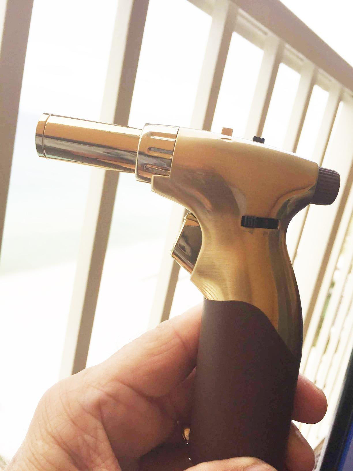 Dual Flame Butane Torch Gun - Refillable Luxury Hand Held Mini Blow Torch for Cooking, Creme Brulee, Soldering, Welding, & Resin Art - Adjustable Flame with Ignition Lock - Gold Brown by inZaynity customer photo 1