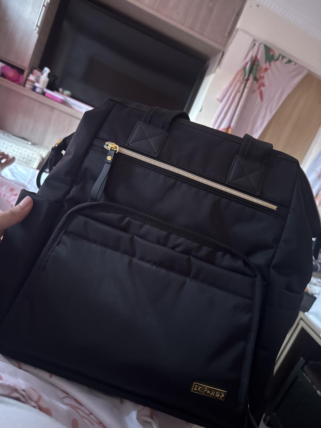 Skip Hop Diaper Bag Backpack: Mainframe Large Capacity Wide Open Structure with Changing Pad & Stroller Attachement, Black with Gold Trim customer photo 1