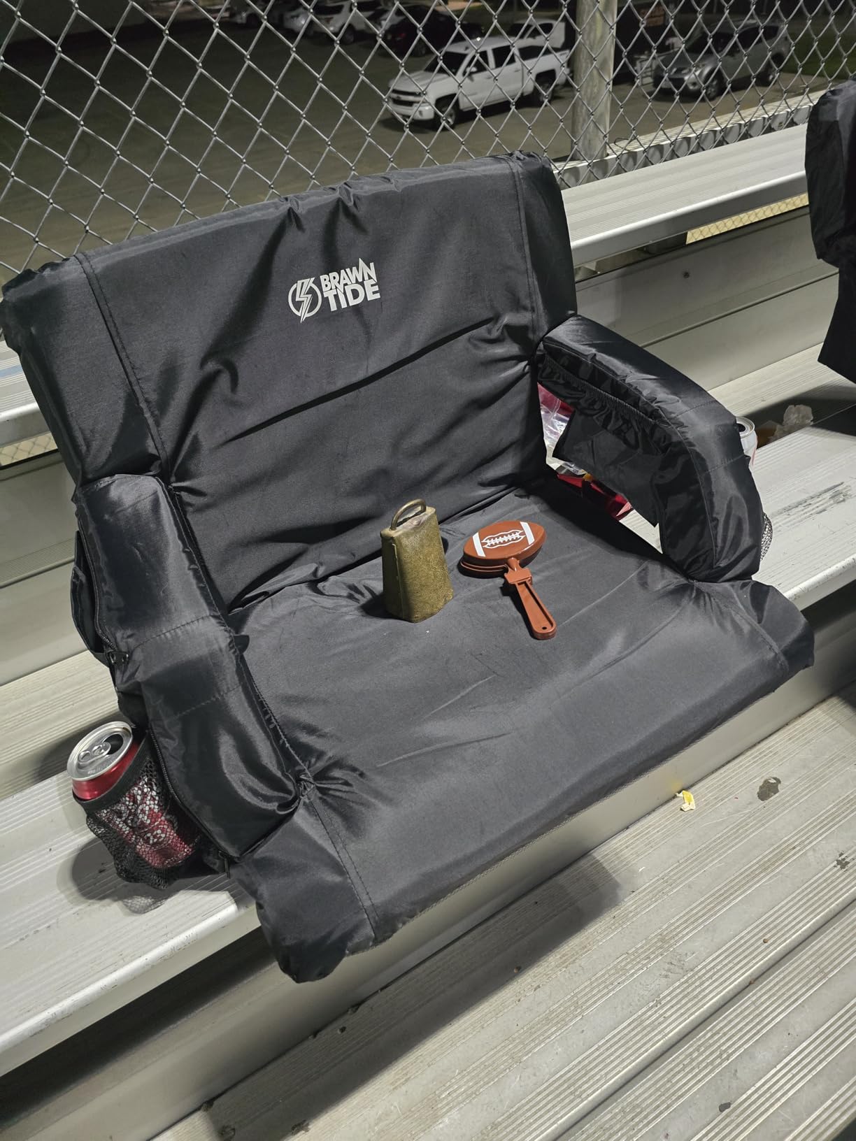 BRAWNTIDE Stadium Seat for Bleachers with Back Support - Wide Padded Reclining Bleacher Seat, Portable Folding Stadium Chair with Armrests, Hooks, Straps, Cup Holders & Pockets (Black, 21