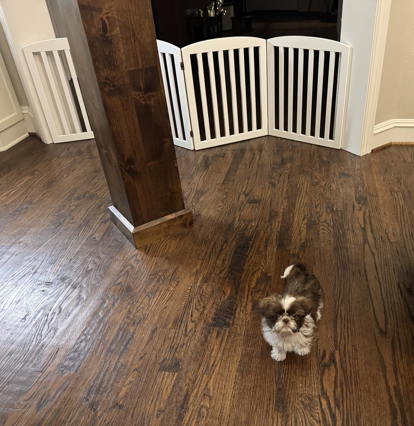PAWLAND Wooden Freestanding Foldable Pet Gate for Dogs, 24 inch 4 Panels Step Over Fence, Dog Gate for The House, Doorway, Stairs, Extra Wide (White, 24