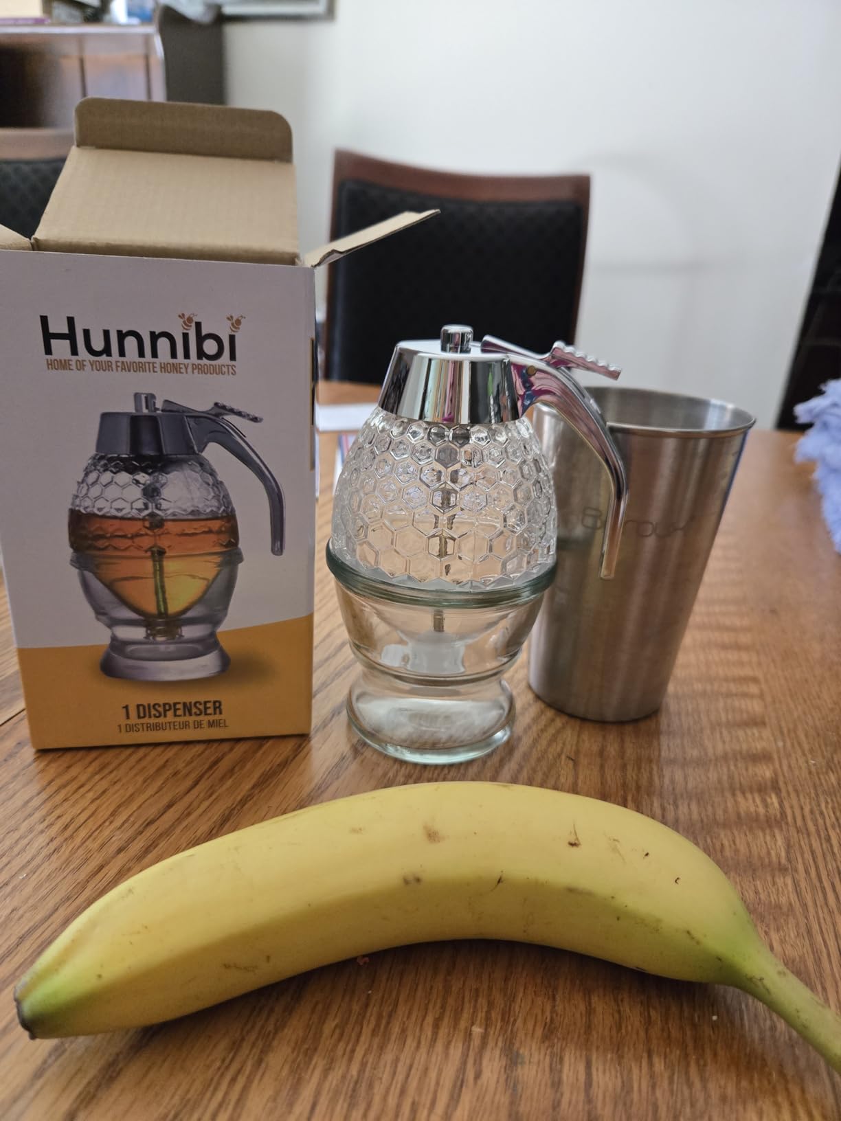 Hunnibi 8oz No Drip Glass Honey Dispenser with Plastic Top - Honeycomb-Style Syrup Server and Bee-Themed Storage Jar with Stand - 6