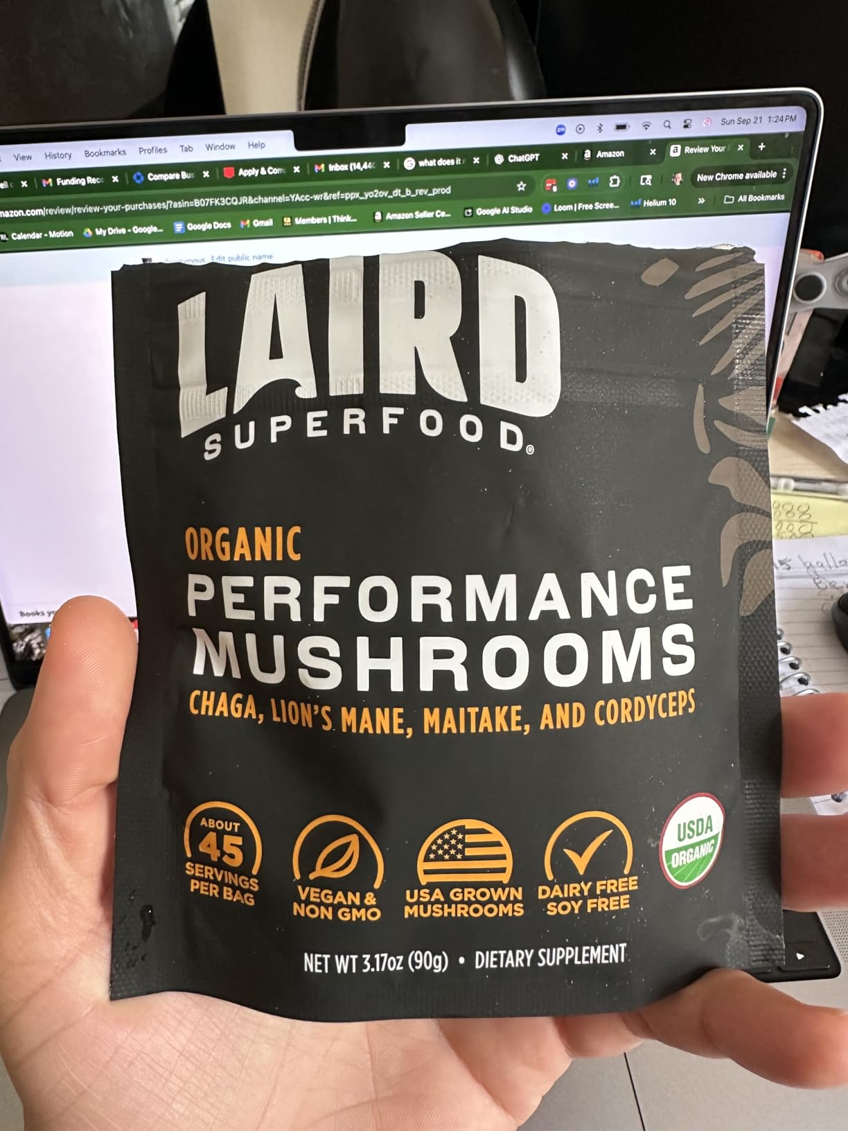 Laird Superfood Organic Performance Mushroom Blend with Chaga, Cordyceps, Lion's Mane and Maitake for Energy and Cognition, 3.17 oz. Bag, Pack of 1 customer photo 1