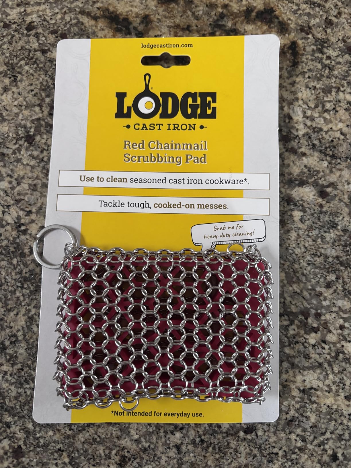 Lodge Chainmail Scrubber for Cast Iron Pans - Heavy Duty Stainless Steel Scrubbing Pad for Skillets, Dutch Ovens & Griddle Pans - Essential Cast Iron Cleaning Tool - Red customer photo 1