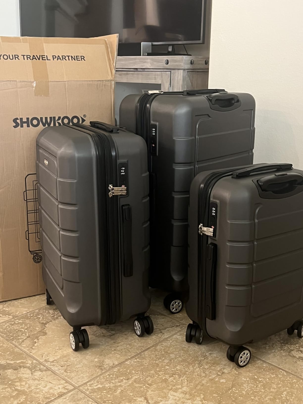 SHOWKOO Luggage Sets 3 Piece Expandable 100% PC Durable Hardshell Suitcase with Wheels TSA Lock Deep Blue customer photo 1