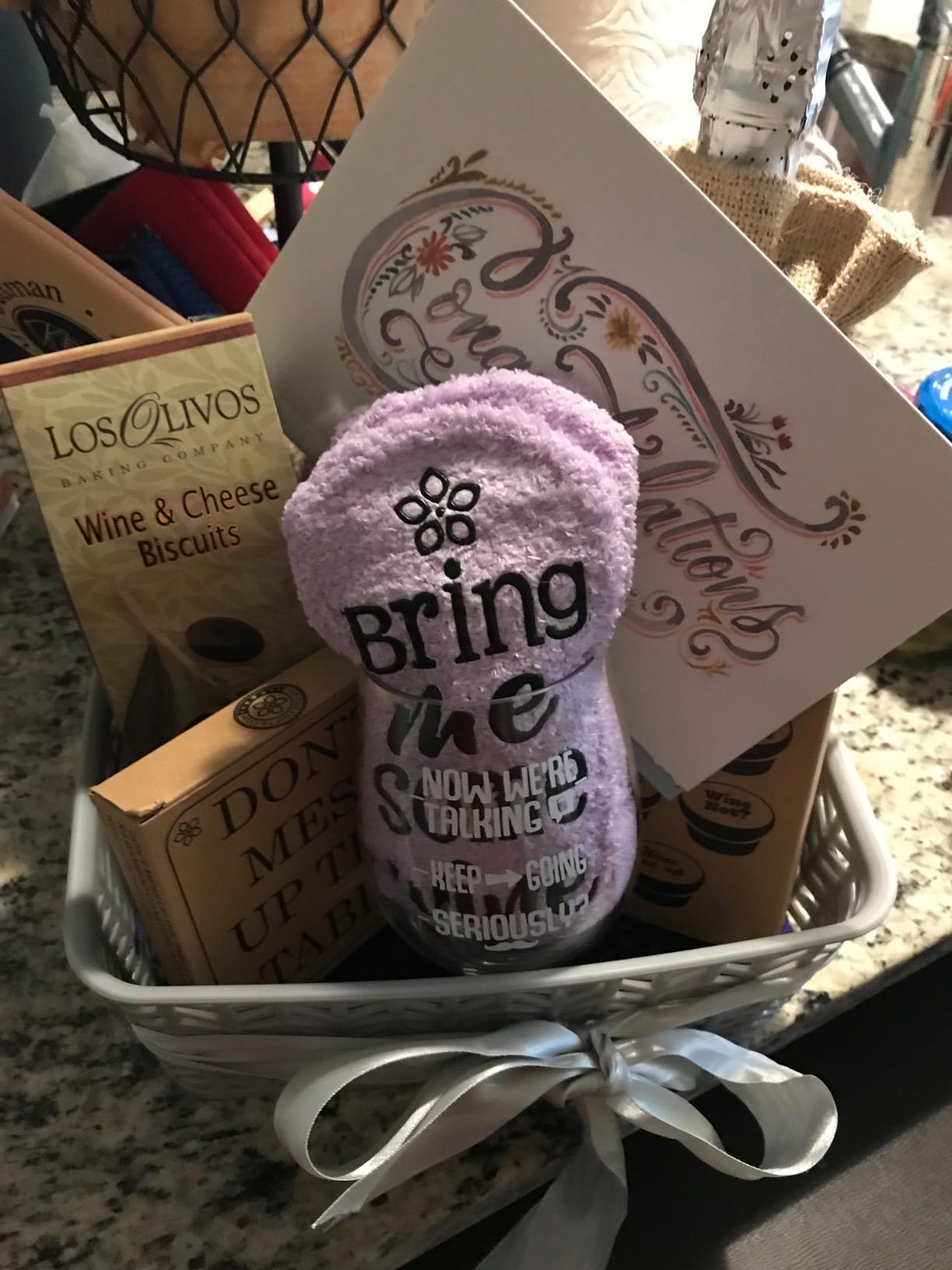 Wine Gift Basket - This Wine Gift Box Contains 13 Wine Gifts For Women - A Wine Basket with Funny Socks, Wine Stoppers, Wine Tote, Coasters and a Funny Wine Glass customer photo 2