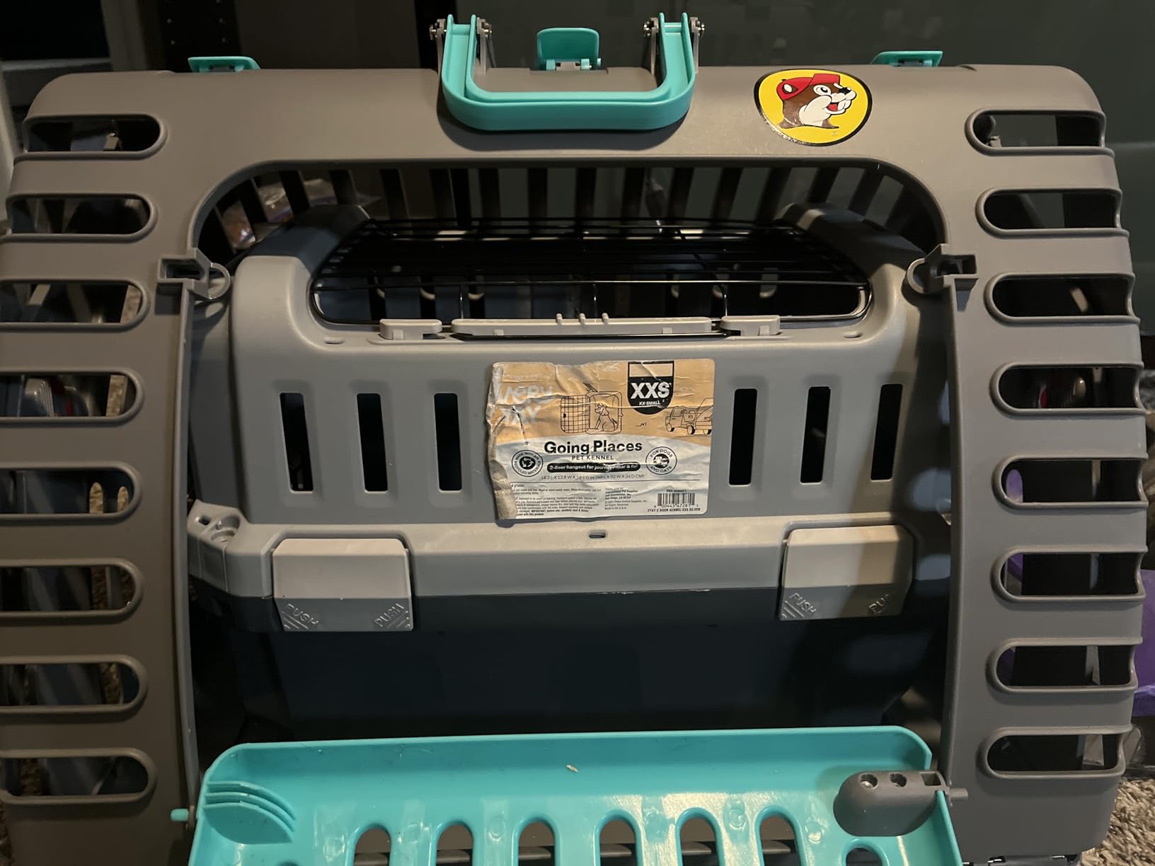 SportPet X-Large Hard-Sided Travel Cat Carrier - Cat Carrier with Patented Wide Side-Opening Door, Foldable Portable Pet Carrier for Cats & Small Pets up to 35lbs - Dark Gray/Teal customer photo 2