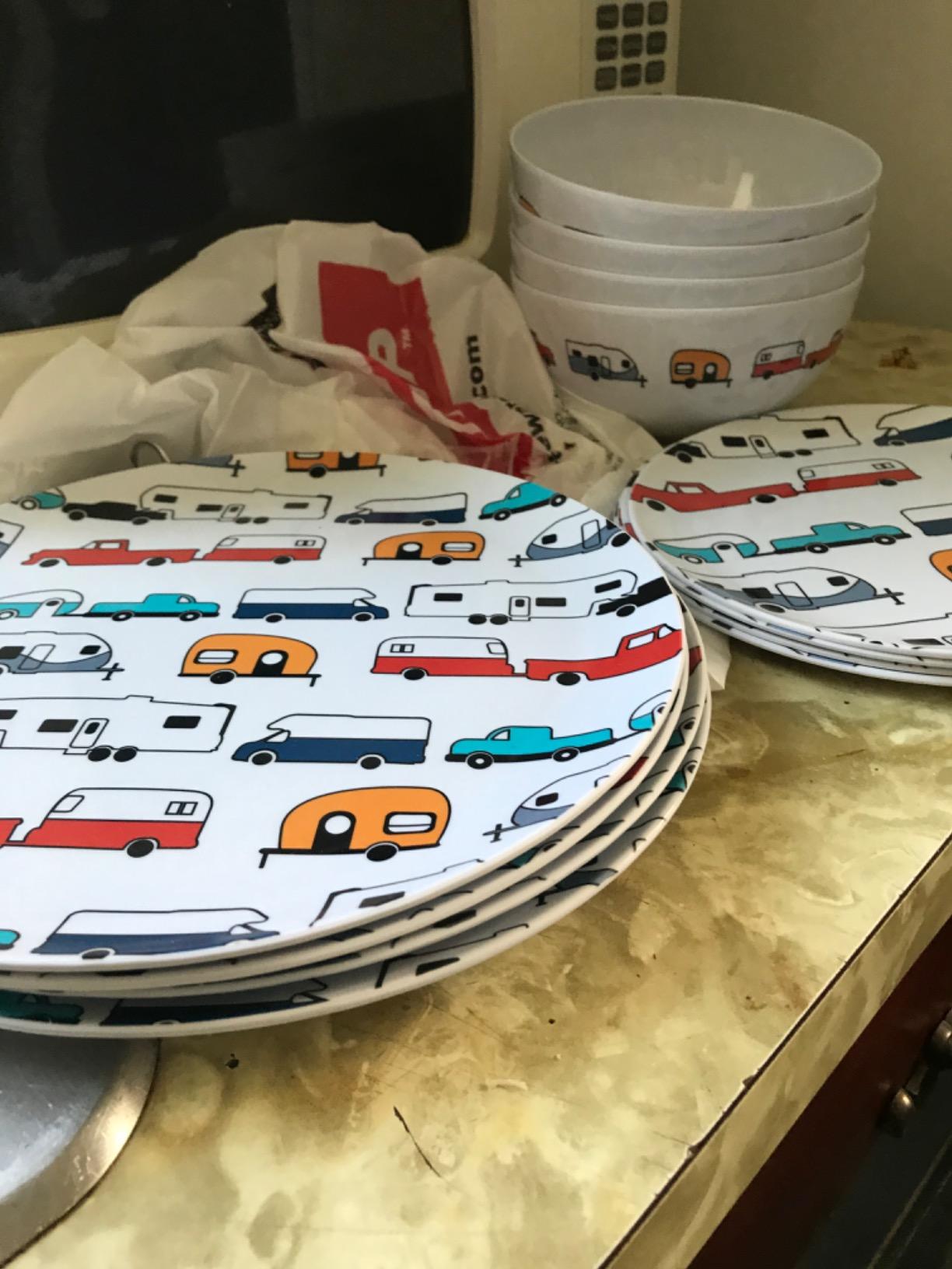 Camco Life is Better at The Campsite Dishware Set | Features a Virtually Unbreakable Melamine Construction, is Top Rack Dishwasher Safe, and has a Multicolored RV-Themed Design | 12-Piece (53297) customer photo 1