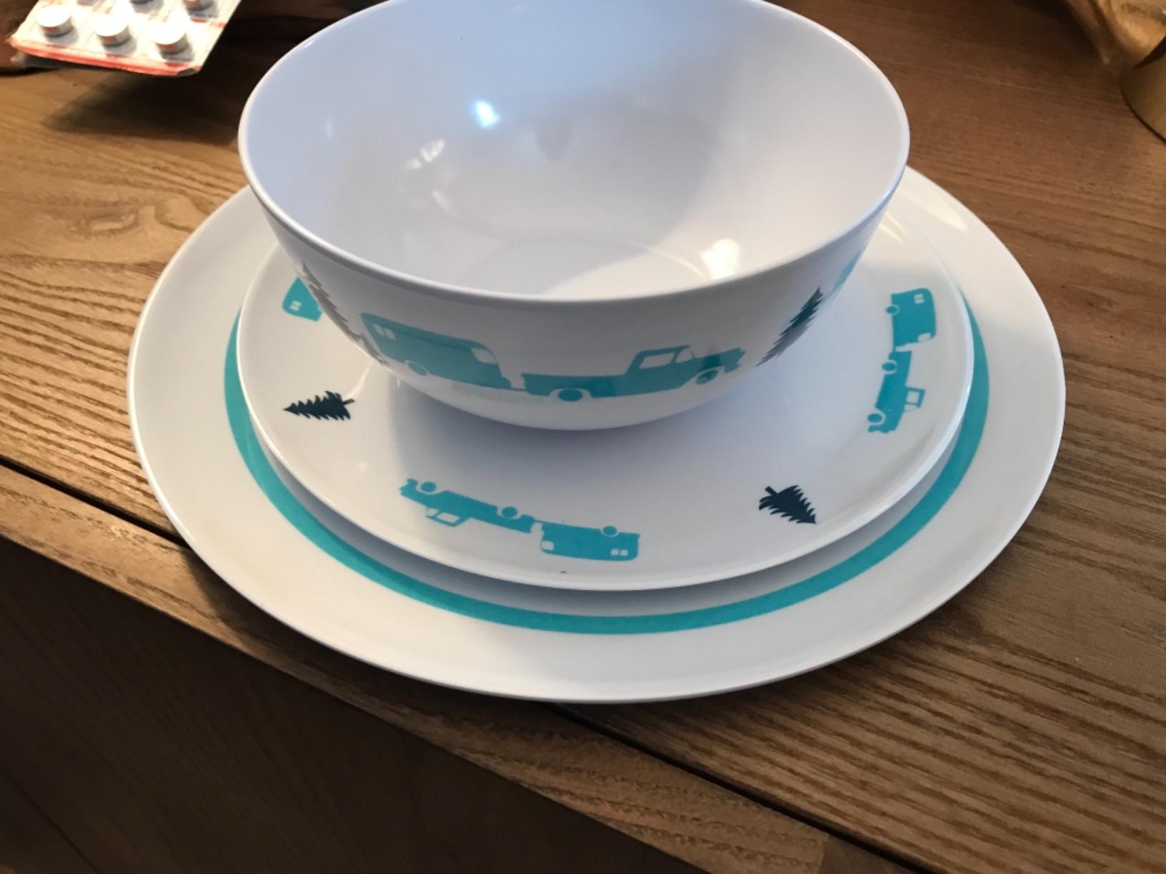 Camco Life is Better at The Campsite Dishware Set | Features a Virtually Unbreakable Melamine Construction, is Top Rack Dishwasher Safe, and has a Multicolored RV-Themed Design | 12-Piece (53297) customer photo 2