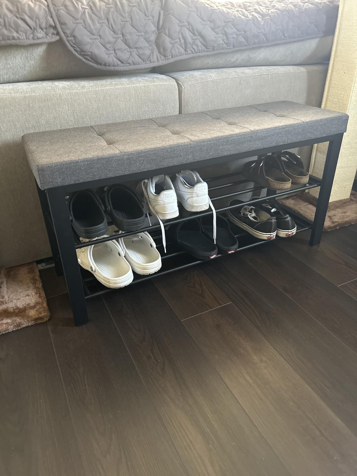 SONGMICS Shoe Bench, Storage Bench, Entryway Bench with Cushion, Shoe Shelf with Seat, Space-Saving, Modern Style, for Living Room, Bedroom, Hallway, Dark Gray and Ink Black ULBS57GYZ customer photo 1