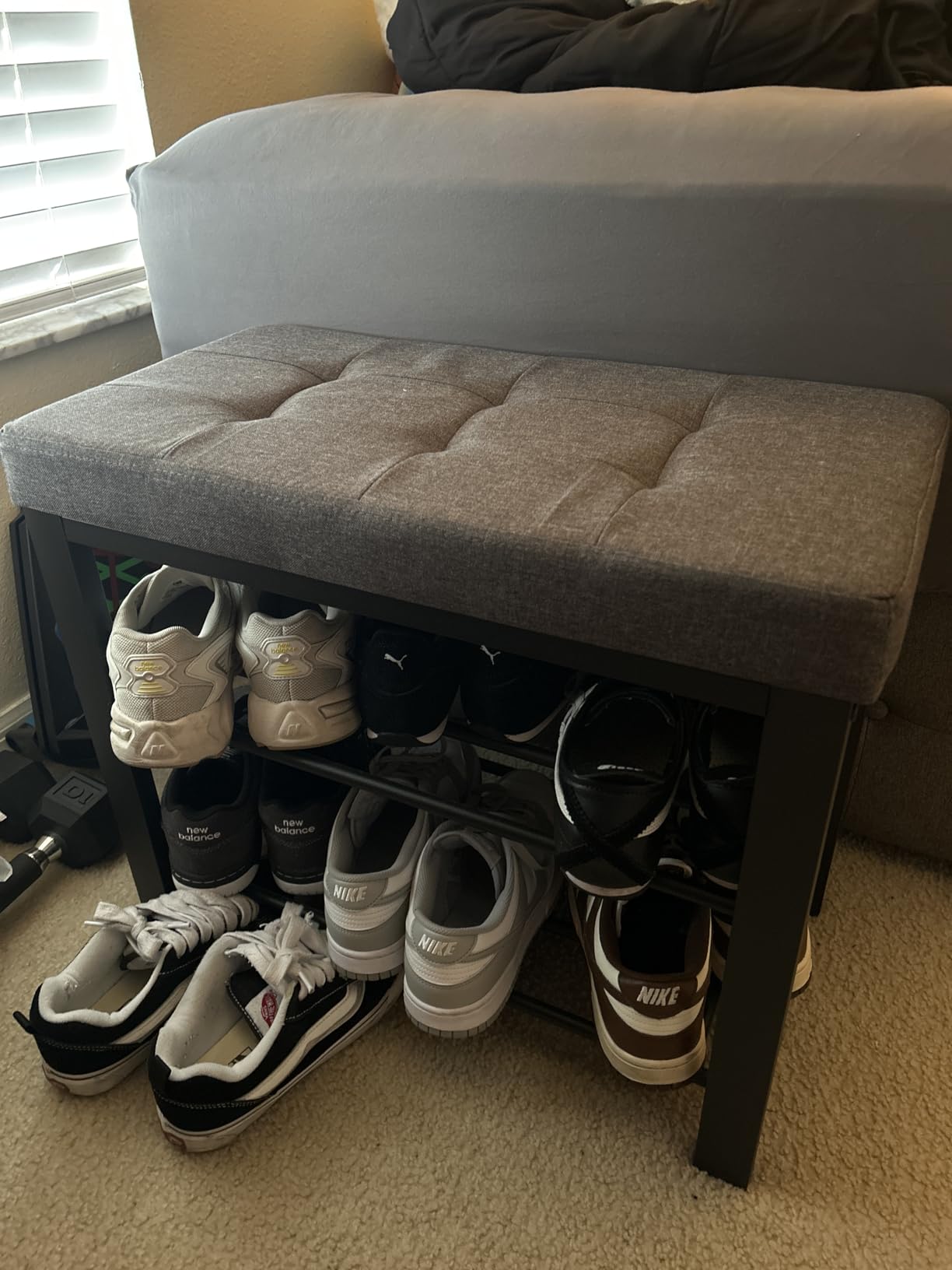 SONGMICS Shoe Bench, Storage Bench, Entryway Bench with Cushion, Shoe Shelf with Seat, Space-Saving, Modern Style, for Living Room, Bedroom, Hallway, Dark Gray and Ink Black ULBS57GYZ customer photo 2