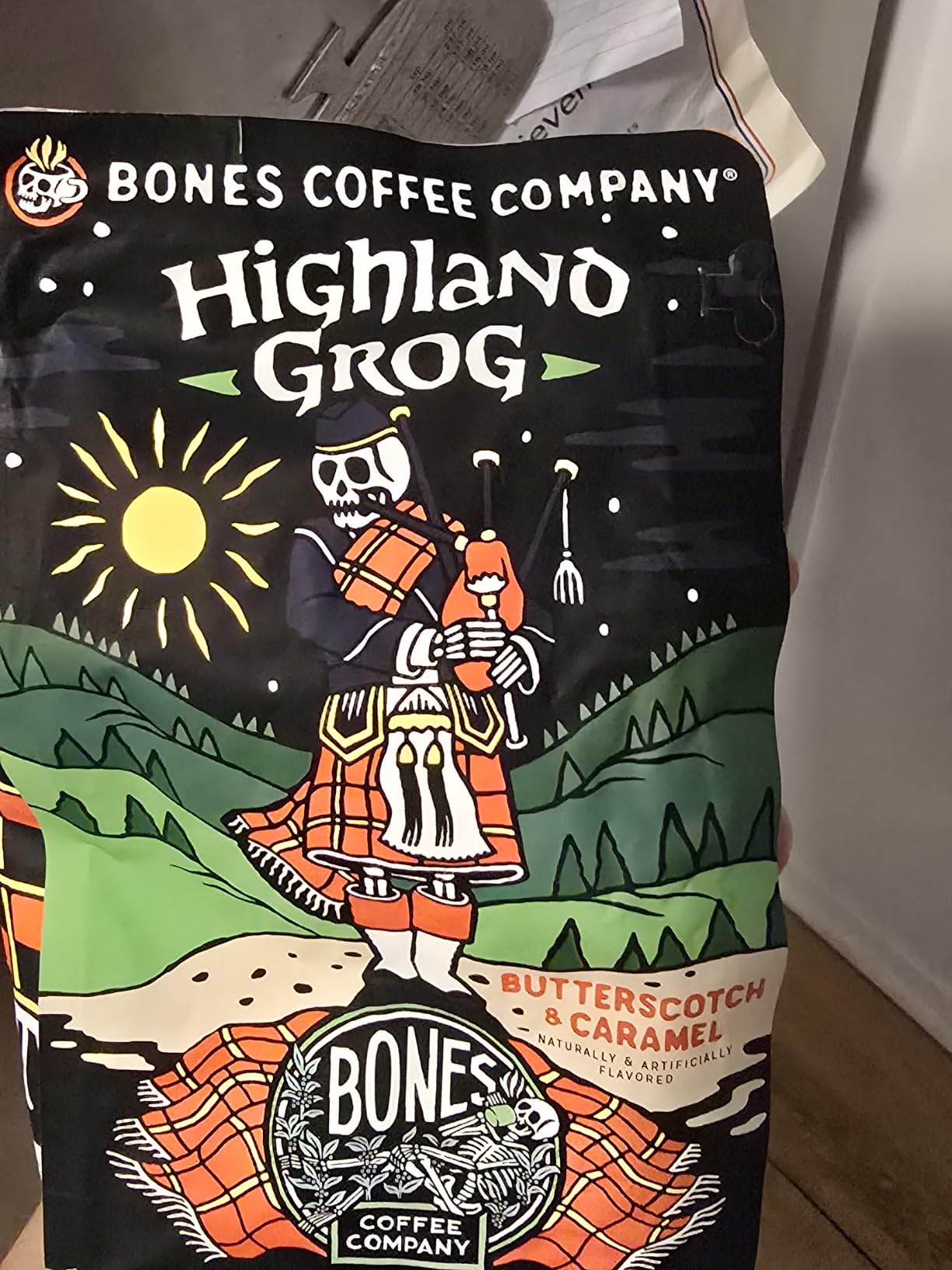 Bones Coffee Company Highland Grog, Butterscotch Caramel Flavored Coffee, Medium Roast Low Acid Arabica Beans, 12 Oz Whole Bean customer photo 1
